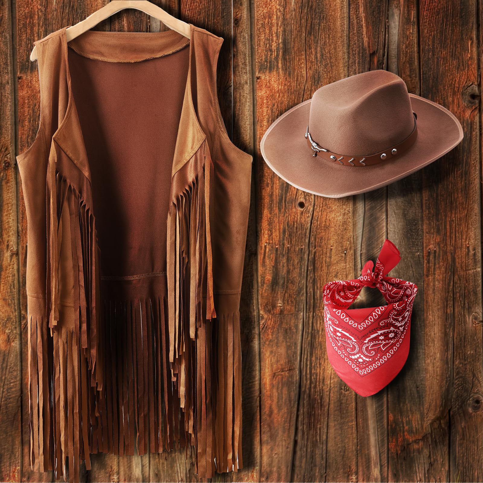 Western Outfits for Women - Cowgirl Tassel Sleeveless Vest, Cowboy Hat & Paisley Bandana Set | Country Rodeo, Halloween Costume & Western Party Outfit