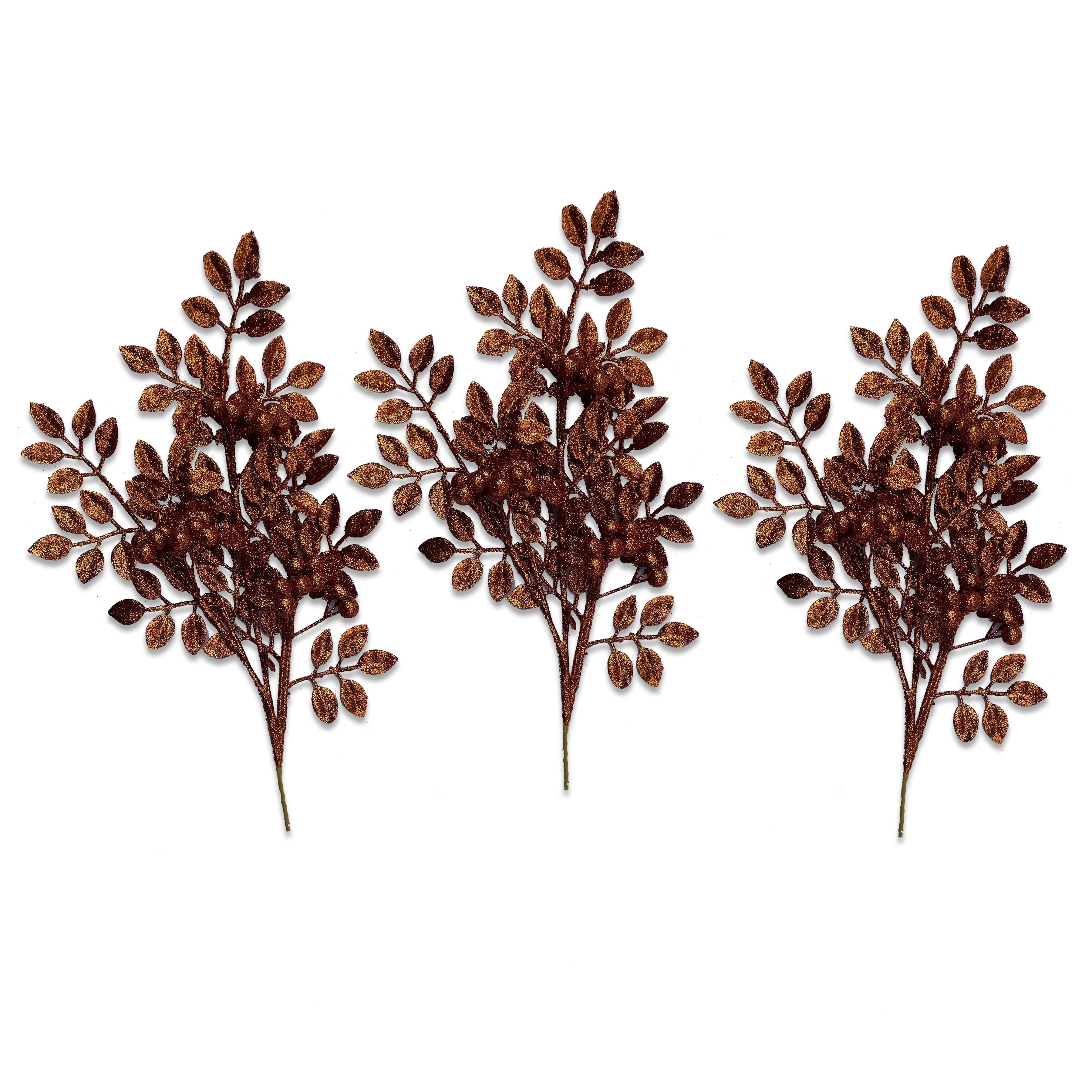 3 Pack of Copper Leaf Clustered Glitter Picks - Floral Arrangement, Wedding Centerpiece, DIY Craft Decorations for Home and Party