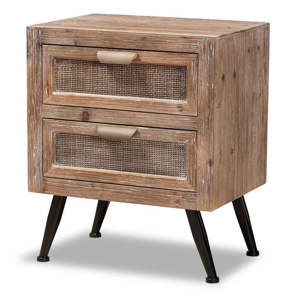 BOWERY HILL Brown Wood Rattan Nightstand with 2 Drawers - Bedside Table for Bedroom, Living Room, or Guest Room Storage
