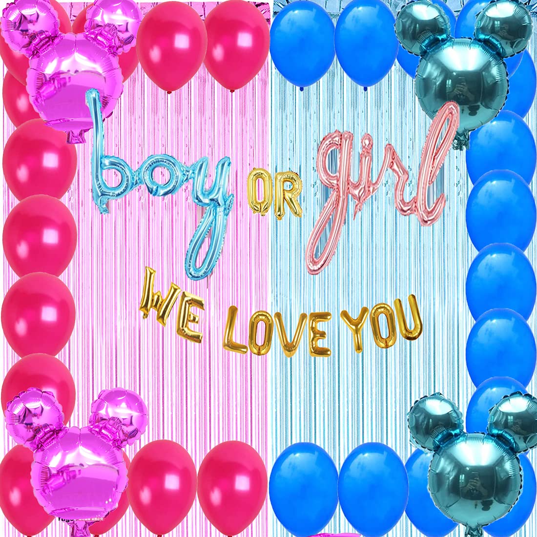 Minnie and Mickey Mouse Gender Reveal Party Decorations - Pink & Blue Baby Shower Balloons, Metallic Tinsel Foil Fringe Curtains Photo Backdrop - Perfect for Disney-Themed Gender Reveal Parties and Baby Showers