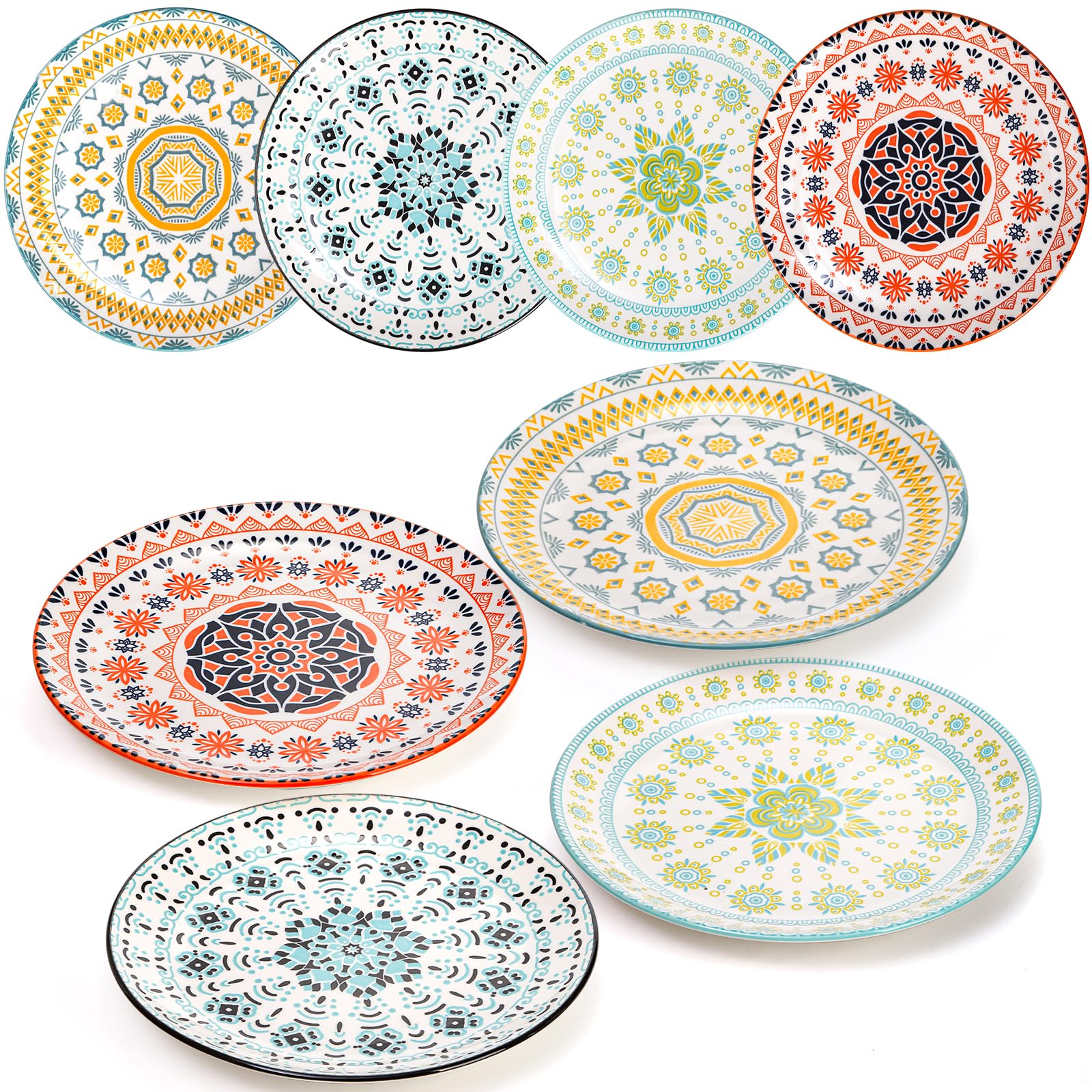 Foraineam 8-Piece 8-Inch Round Porcelain Salad Plates Set - Colorful Floral Decorative Appetizer Plates, Dessert Dishes for Luncheon, Steak, Fruit & Snacks | Microwave & Dishwasher Safe | Perfect for Dinner Parties, Picnics & Home Decor
