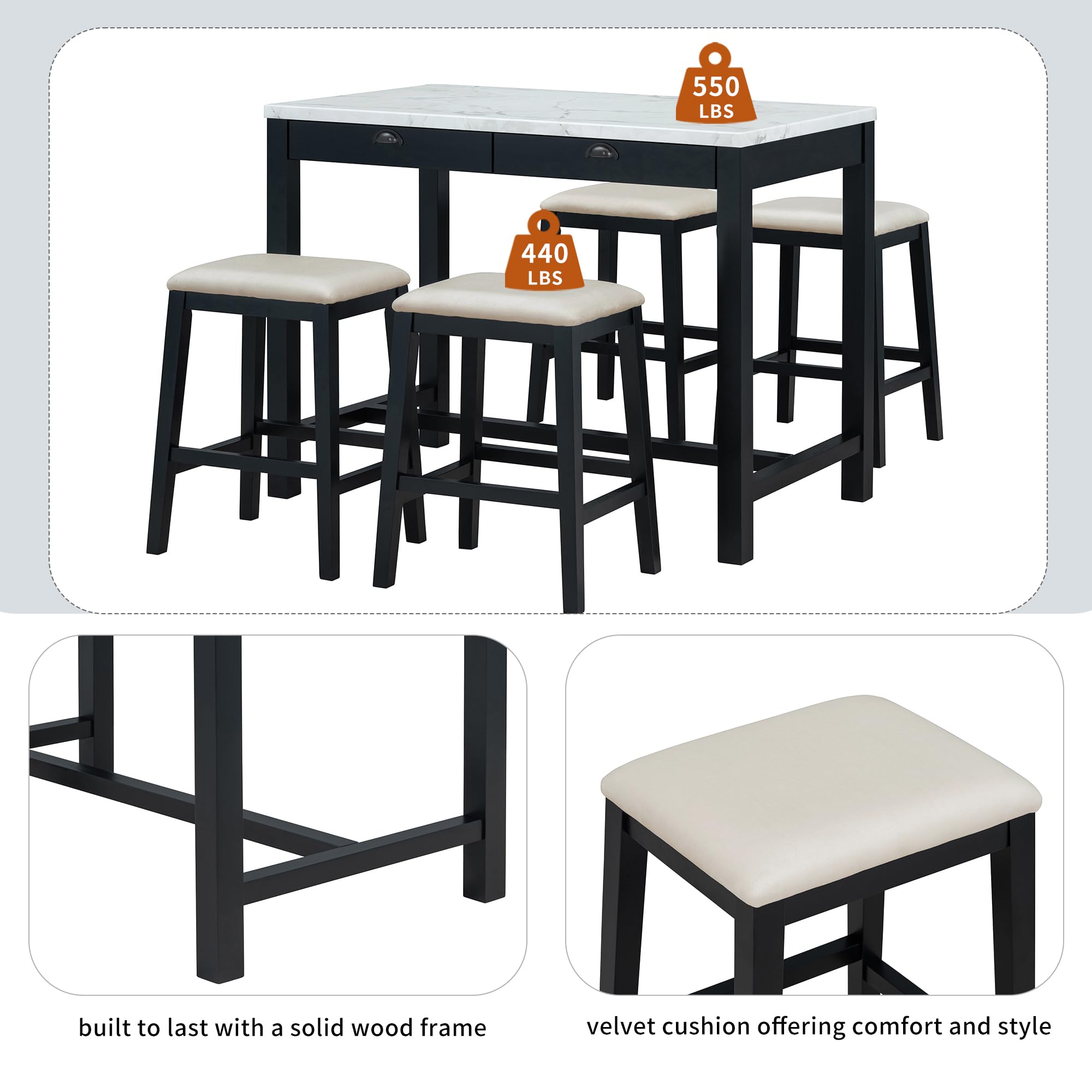P PURLOVE 5-Piece Dining Table Set with Storage Drawers, Faux Marble Kitchen Island & 4 Padded Stools - Space-Saving Breakfast Nook Set for Small Kitchens, Apartments & Dining Areas