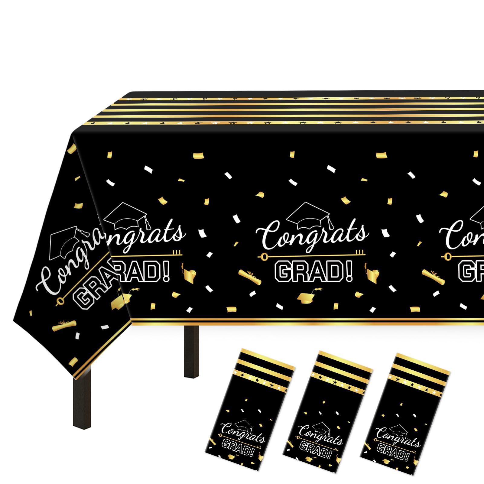 Childom 3 Pack Black and Gold Graduation Tablecloth 54