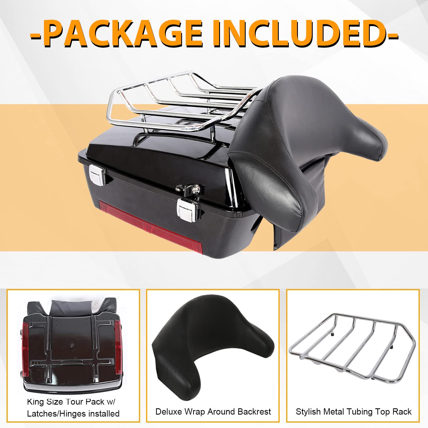 ECOTRIC Chopped Tour Pack Trunk for 1997-2008 Harley Davidson Touring Electra Glide & Road King - Compatible with Backrest & Top Rack | Perfect for Long-Distance Motorcycle Trips & Storage