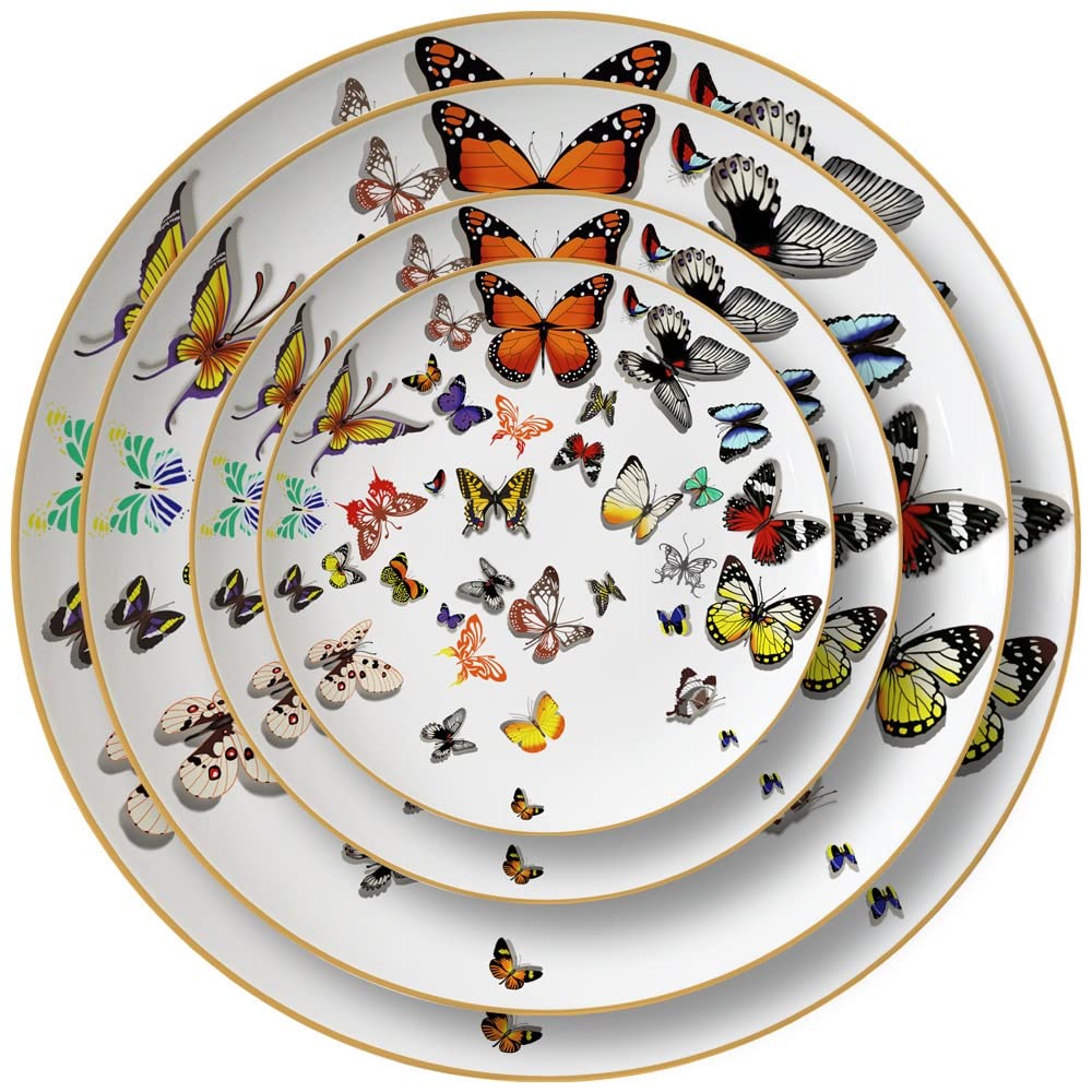Hand-Painted Butterfly Ceramic Plate Set of 4 - Personalized Bone China Dinner Plates for Steak, Pasta, Snacks, Fruits & Cakes - Elegant Western Dining & Household Tableware - Dishwasher Safe White Plates - Perfect for Dinner Parties, Tea Time & Home Decor