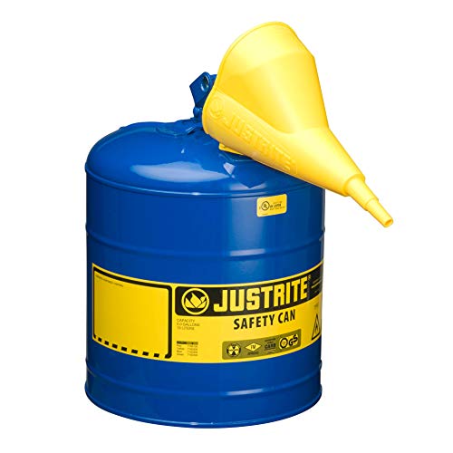 Justrite 7150310 Type 1 Safety Kerosene Can with Funnel - 5 Gallon Blue Fuel Container for Home Heating, Emergency Power & Outdoor Camping Use
