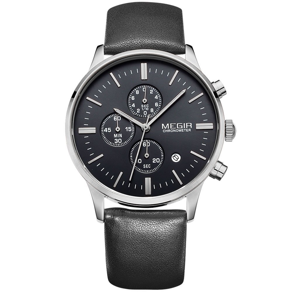 MEGIR Ultra Thin Men's Chronograph Quartz Watch - Waterproof Leather Strap & Mesh Bracelet - Casual Dress Business Wristwatch for Everyday Wear & Formal Occasions