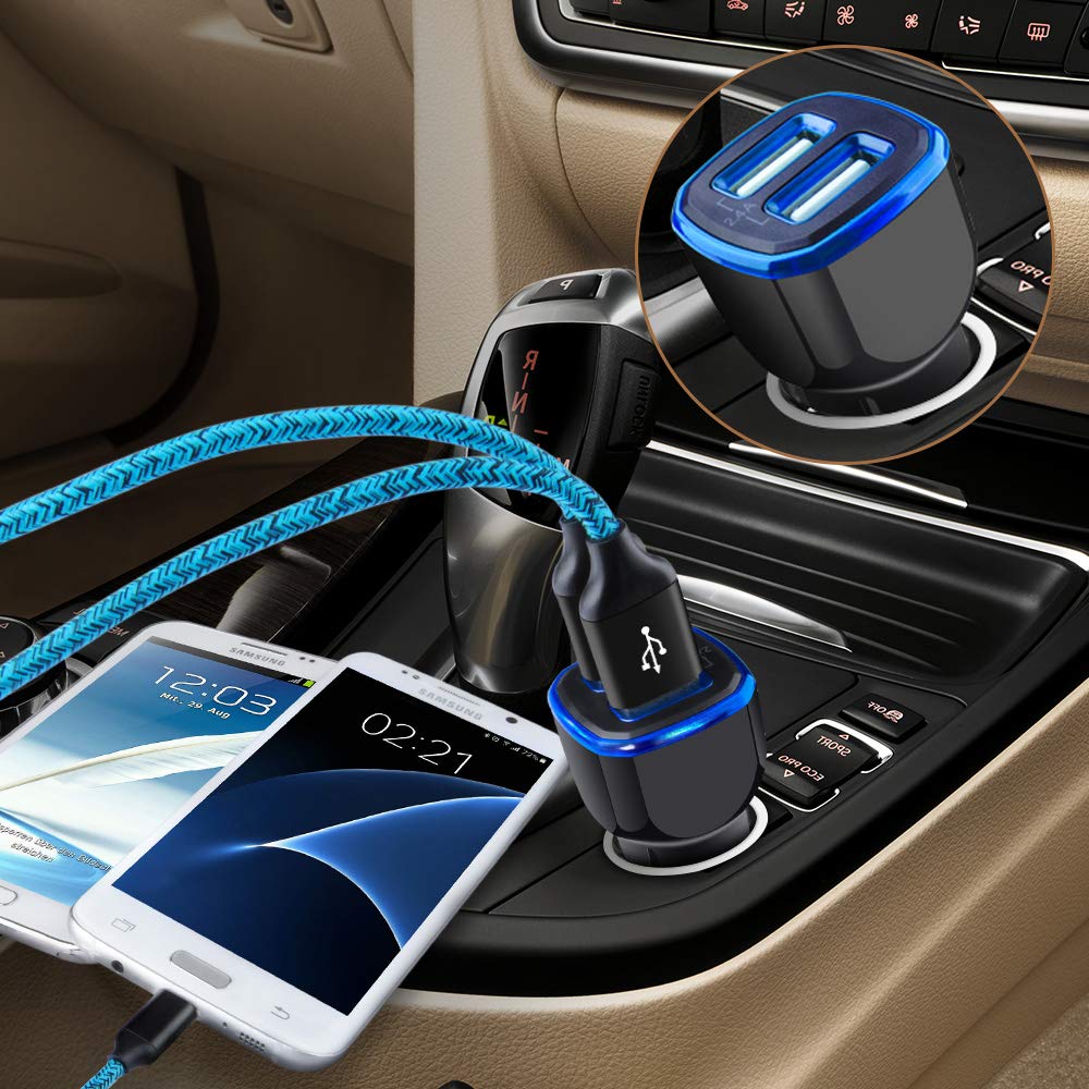 Fast Charging Dual USB Car Charger with Type C Cable - Compatible with Moto G Series (G Power, G Stylus, G Fast, G7-G9) & Samsung Galaxy (S20, S10, A Series) - Perfect for Road Trips & Daily Commutes