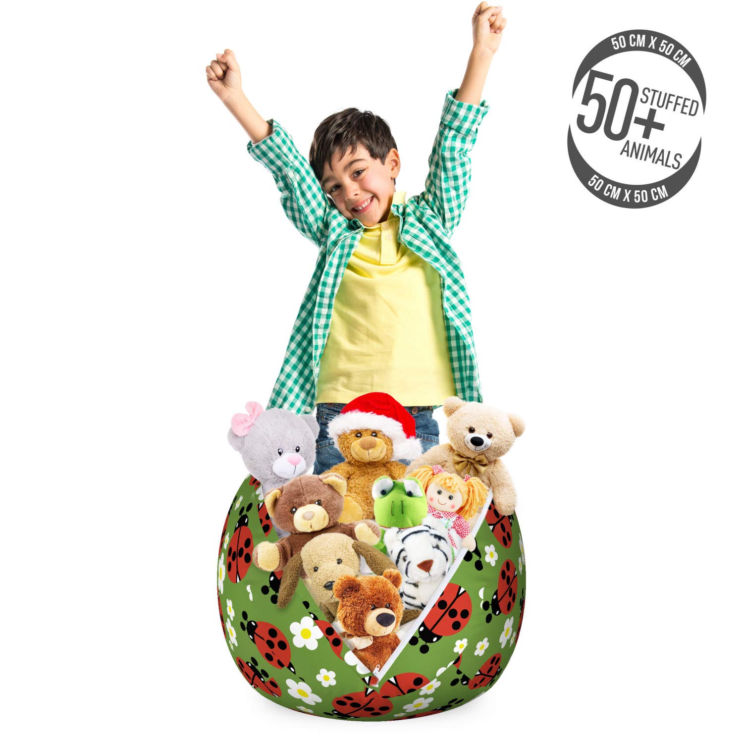 Lunarable Floral Ladybug Toy Storage Bag Chair - Washable Stuffed Animal Organizer with Spring Flower Daisy Design, Small Multicolor for Kids' Room & Playroom Organization