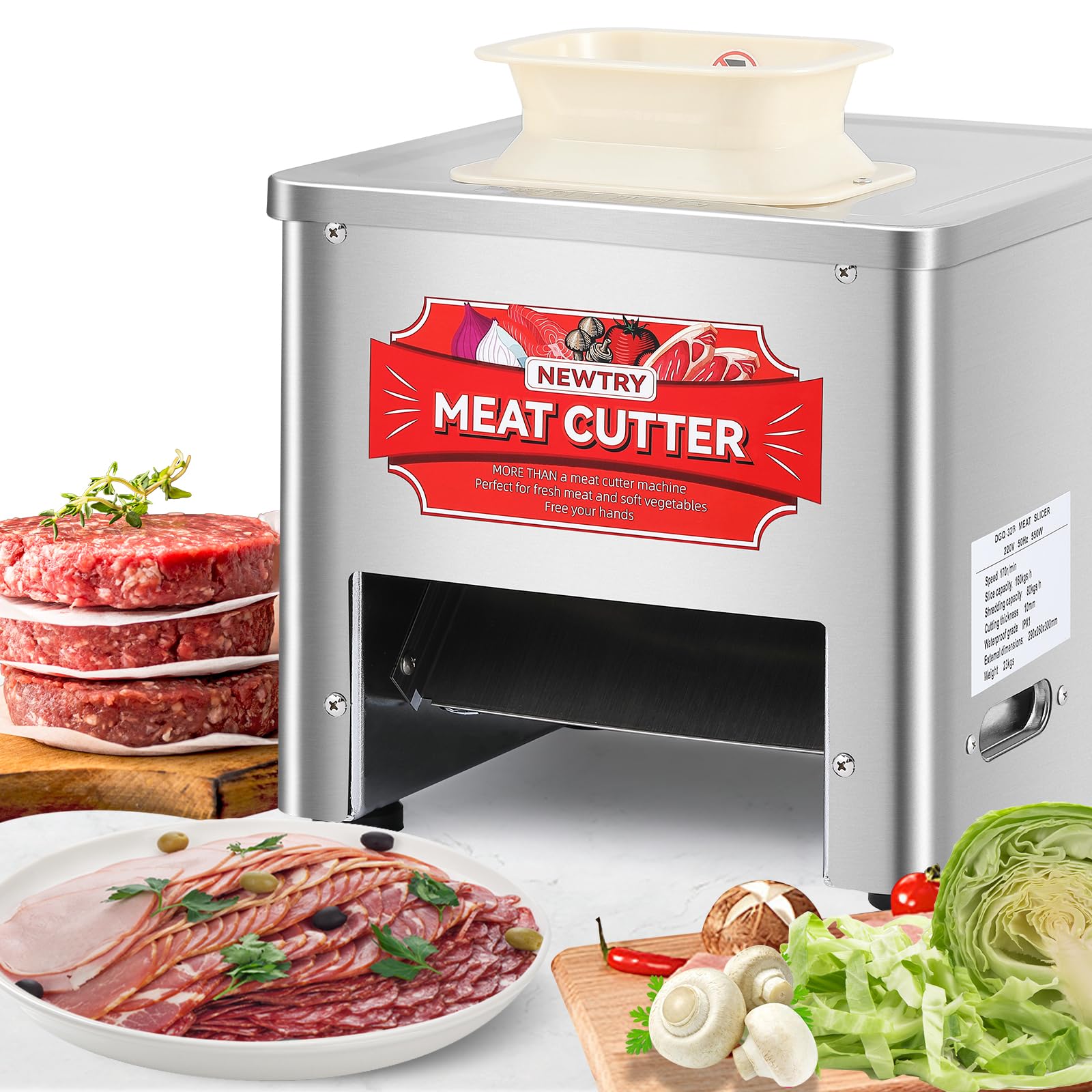 NEWTRY Commercial Meat Slicer Machine - 10mm Stainless Steel Blade, 3-in-1 Cutter for Slices/Strips/Cubes, 110V US Plug - Time Saving & Easy Clean for Deli, Butcher Shop & Home Kitchen Use