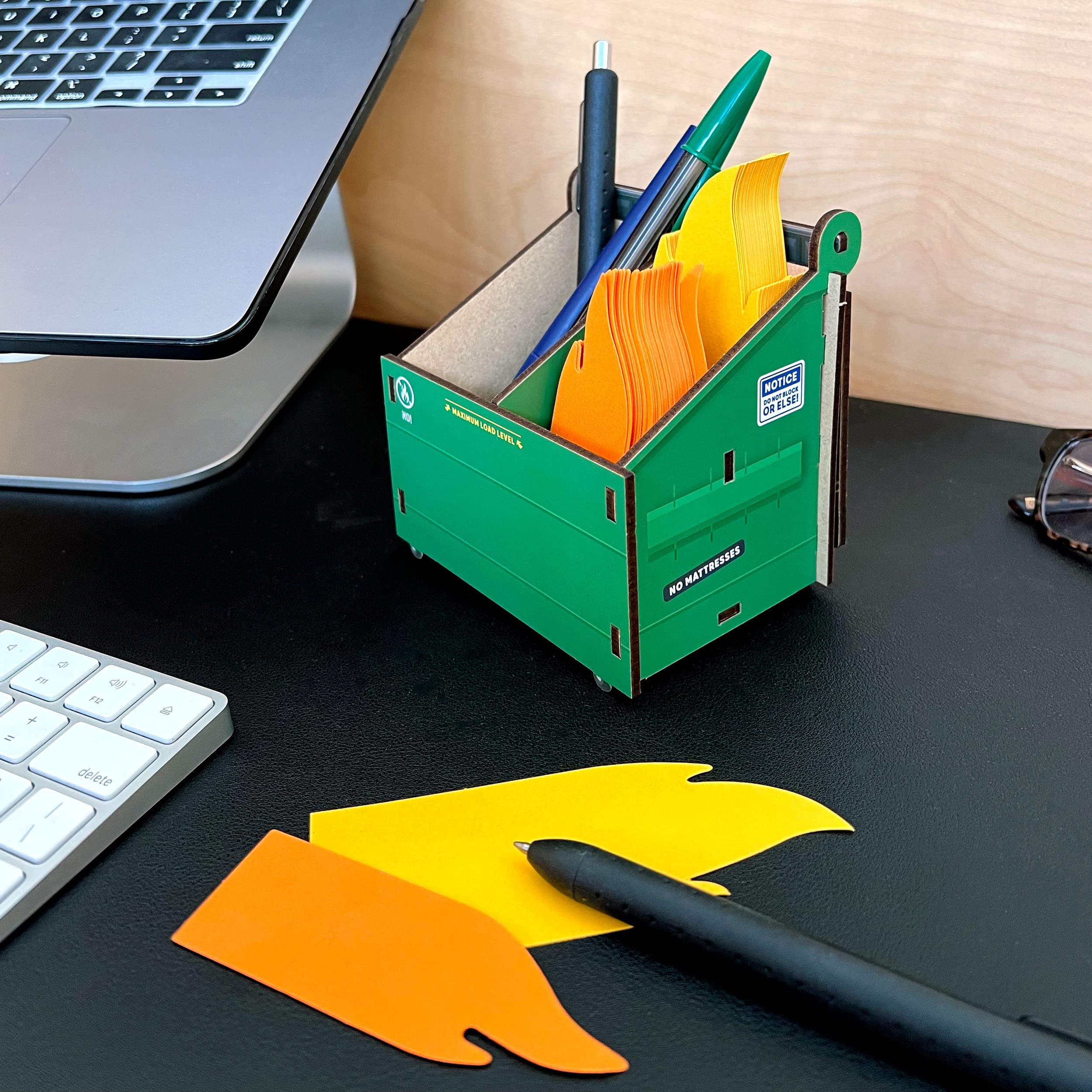 Genuine Fred DESK DUMPSTER 3-Compartment Pencil Holder with Flame Note Cards - Organize Office Supplies, Pens & Stationery for Home, School & Work Desk Organization