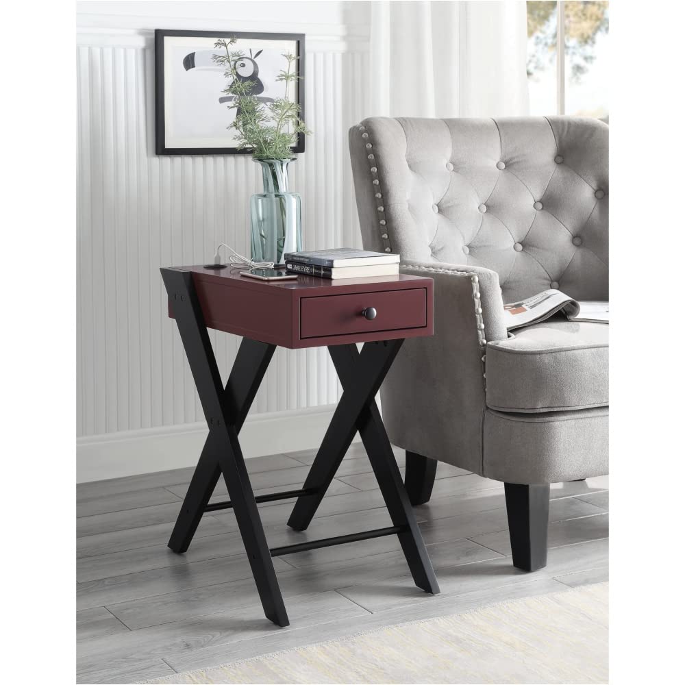 NYCSUOANI Modern Side Table with USB Charging Port - Burgundy & Black Nightstand for Bedroom, Living Room, or Office - Convenient Charging Station for Phones & Devices