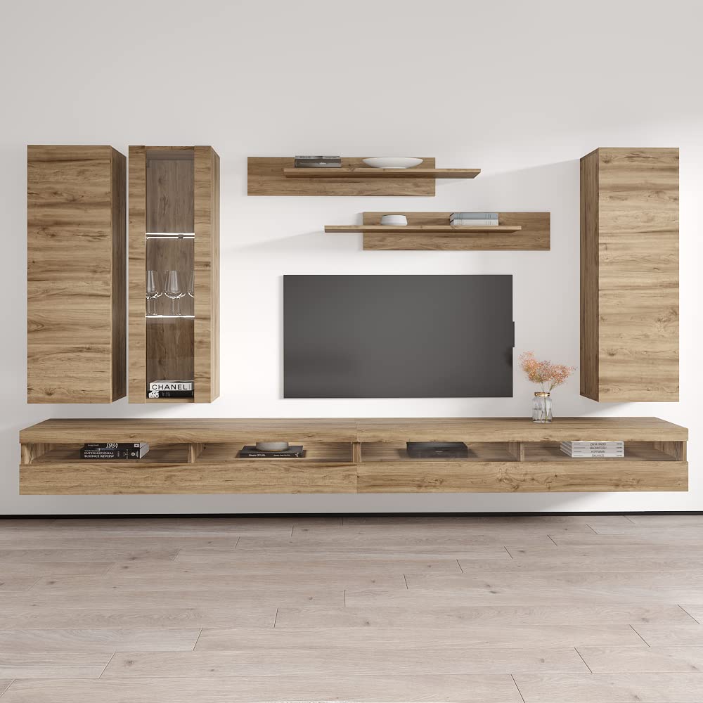Modern Floating TV Stand with Storage & LED Lights - Wall-Mounted Entertainment Center for Bedroom & Living Room - Oak Wood TV Console with Shelves (Perfect for Small Spaces & Home Theater Setup)