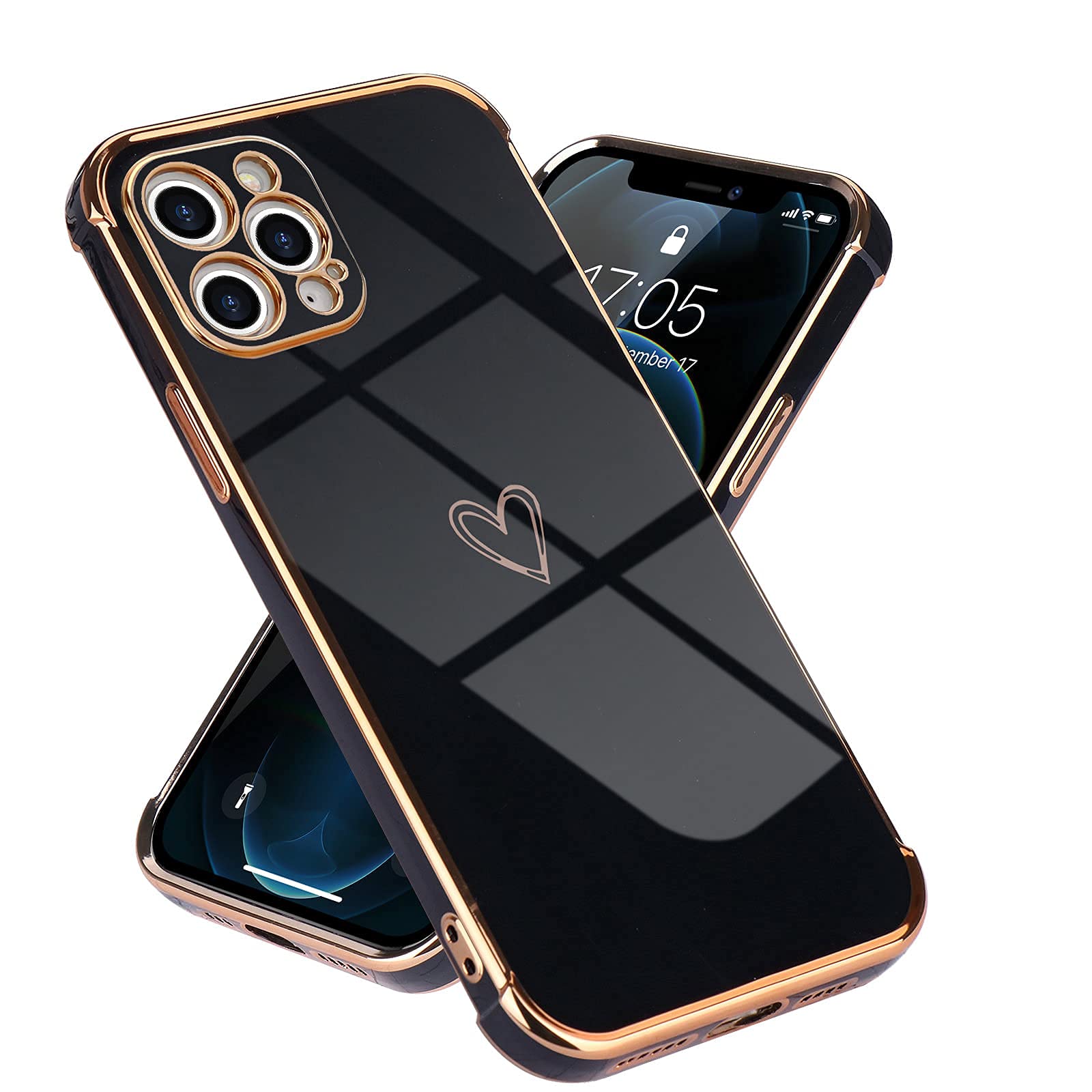 Cute Love Heart iPhone 12 Pro Max Case - Luxury Plating Shockproof Silicone Cover with Camera Protection | Slim Soft Bumper Phone Case for Women & Girls | Perfect for Daily Use, Work, Travel & Gift Giving (Black)