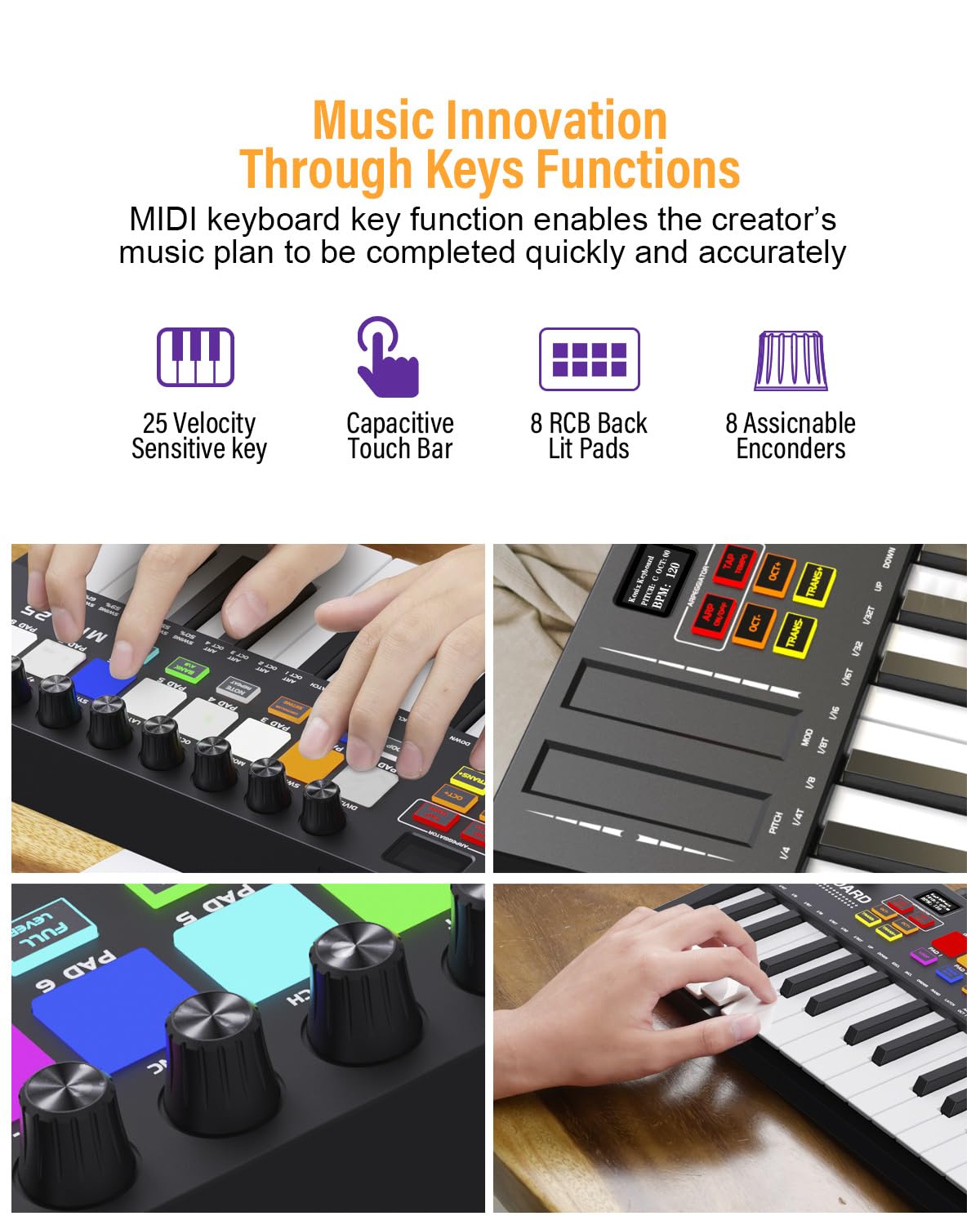 25-Key USB MIDI Keyboard Controller with 8 Backlit Drum Pads & 8 Knobs - Portable MIDI Piano Keyboard with OLED Display for Music Production, Beat Making, Live Performance & Home Studio Recording
