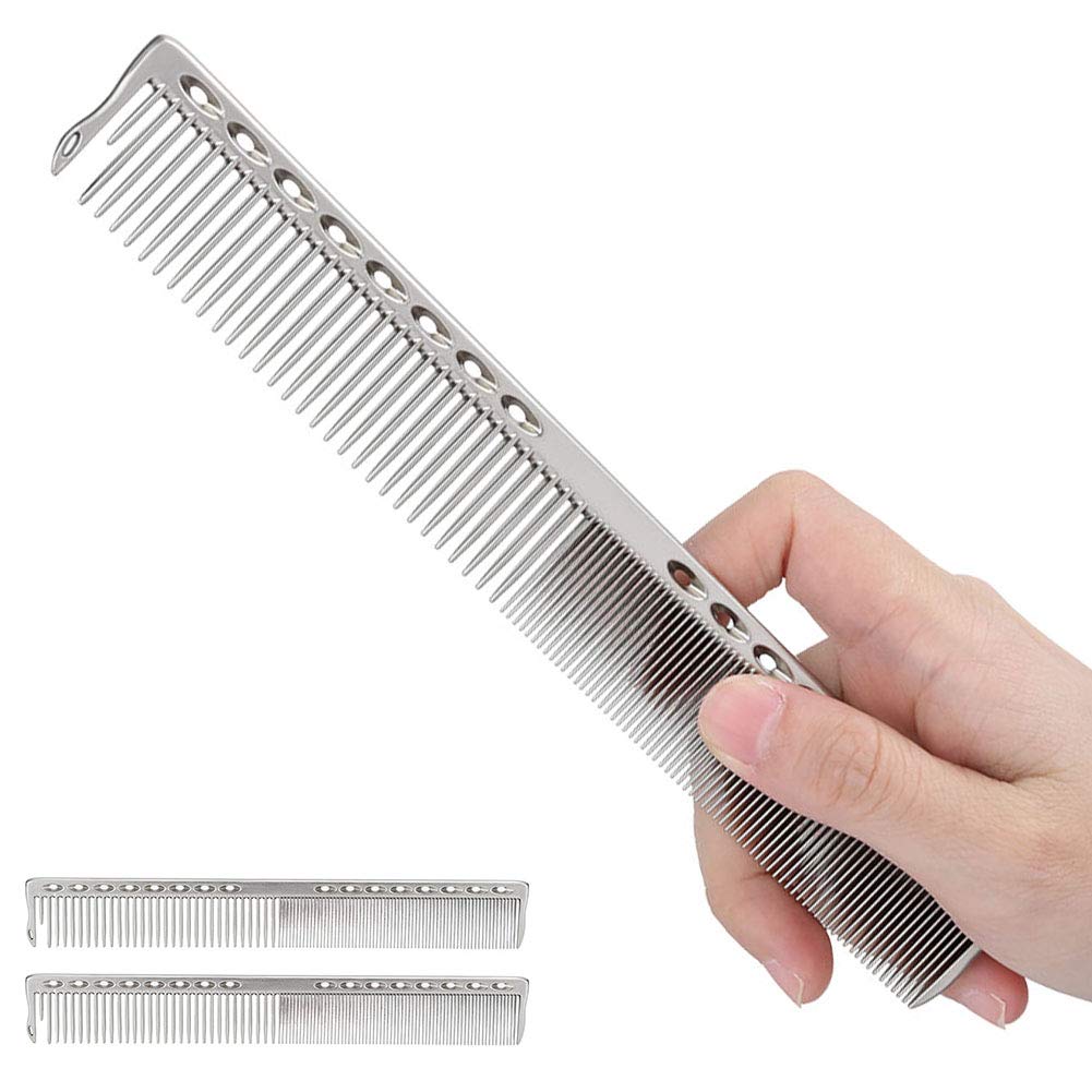 Professional Stainless Steel Haircut Comb Set - 2pcs Fine & Wide Tooth Styling Comb for All Hair Types - Salon & Barber Hairdressing Tool (Silver) - Perfect for Home, Salon, and Travel Use