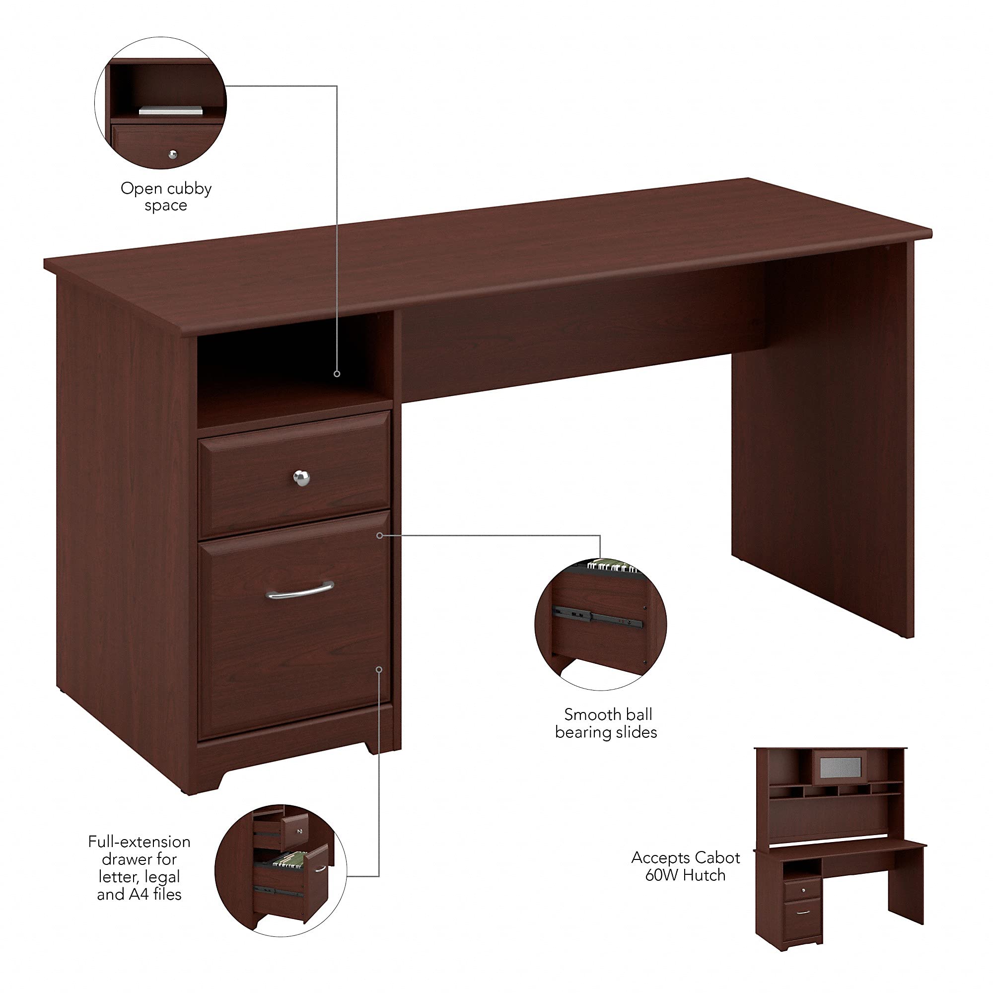Bush Furniture Cabot 60W Computer Desk with Drawers in Harvest Cherry - Home Office Desk for Work, Study & Gaming - Spacious Writing Table with Storage for Small Spaces