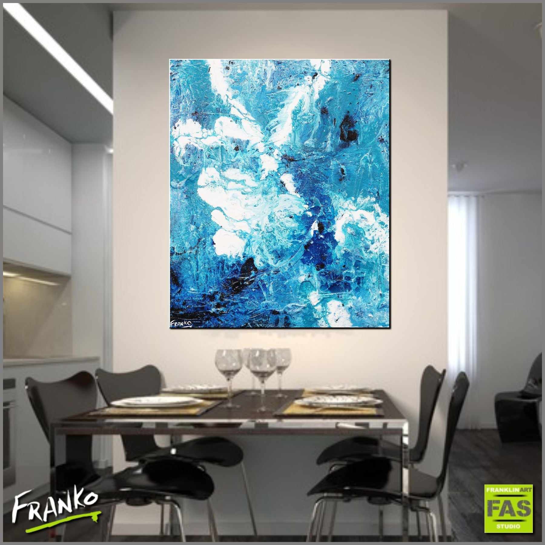 Jaded Blue 120cm x 100cm Blue White Abstract Canvas Art - Modern Wall Decor for Living Room, Bedroom & Office