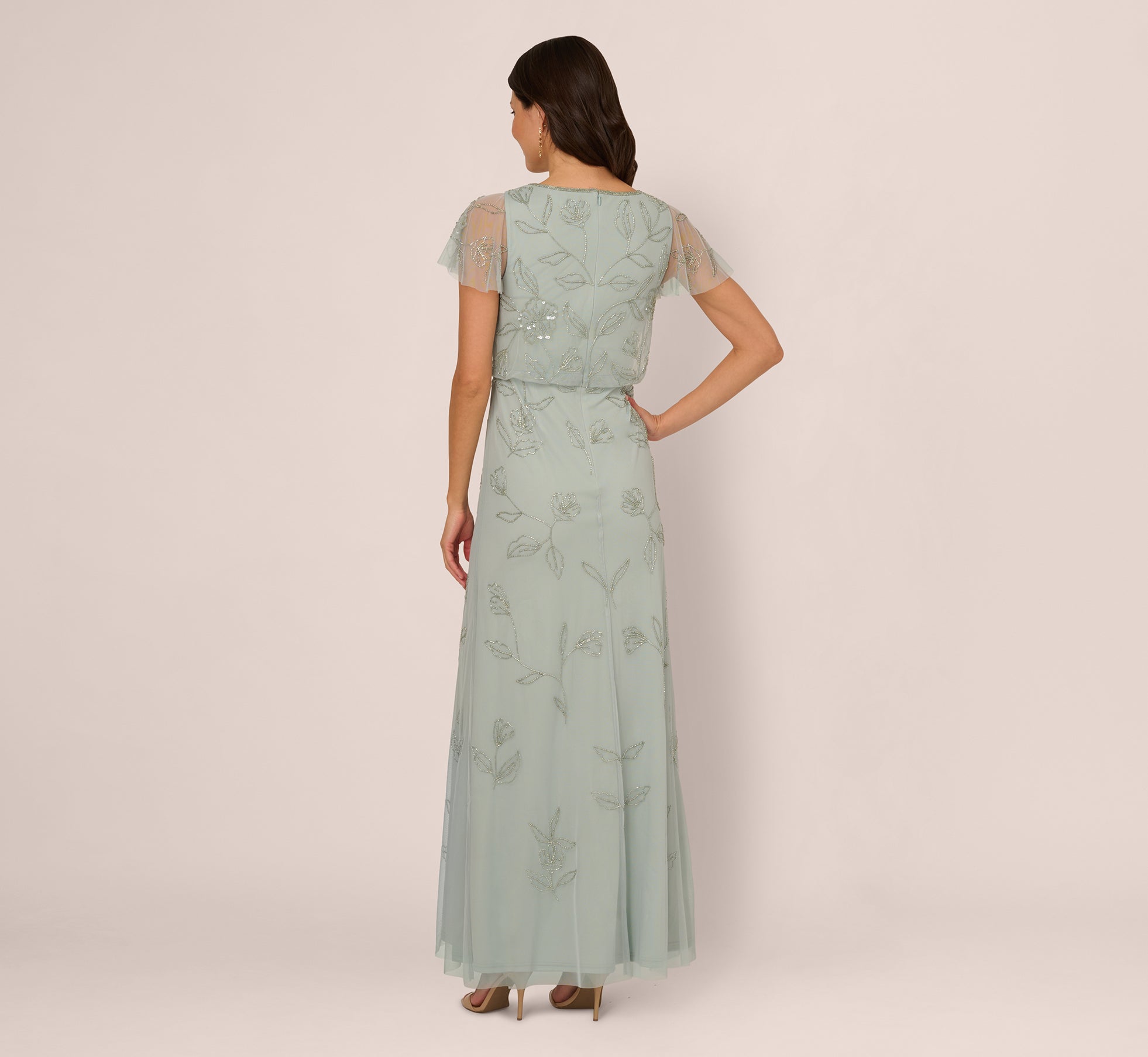 Elegant Flutter Sleeve Floral Beaded Blouson Gown in Aqua Dust - Perfect for Weddings, Parties & Special Occasions
