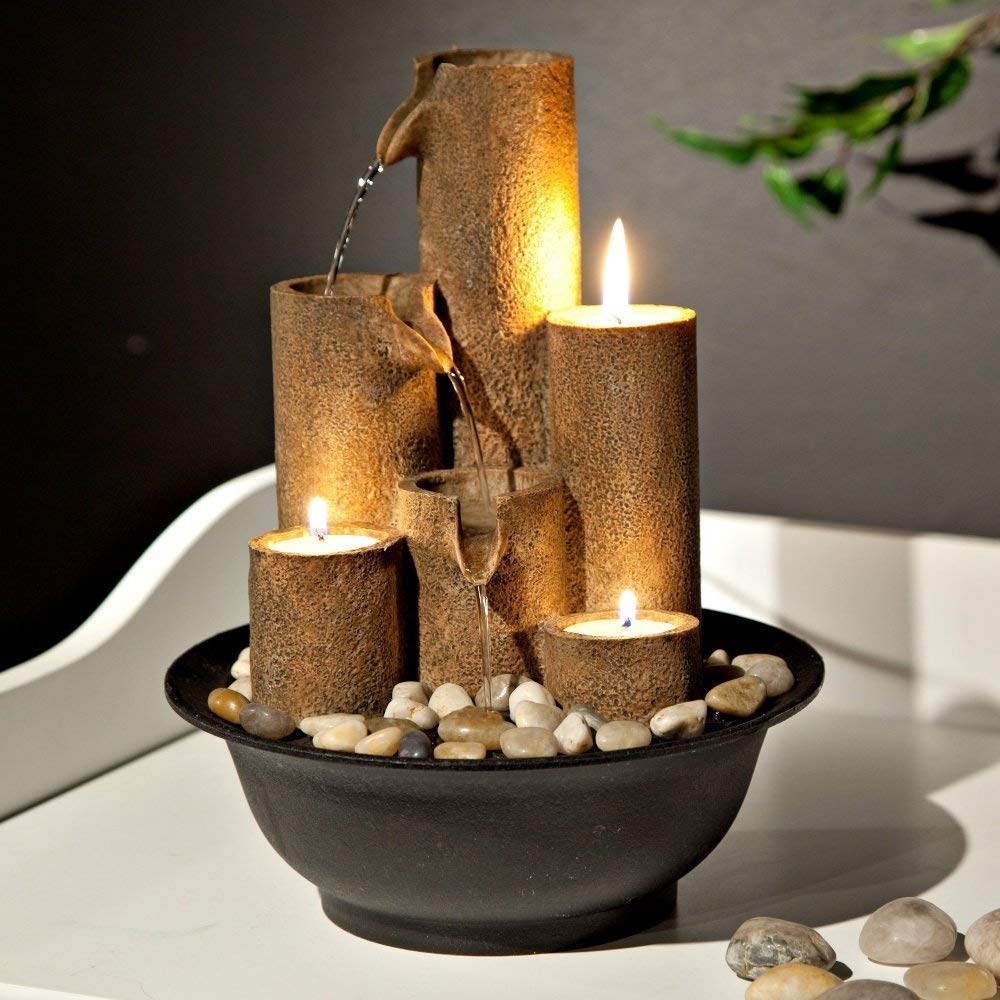 Alpine Corporation 3-Tier Barrel Waterfall Fountain with LED Candles - Indoor/Outdoor Tabletop Water Feature for Home, Garden, and Office Decor