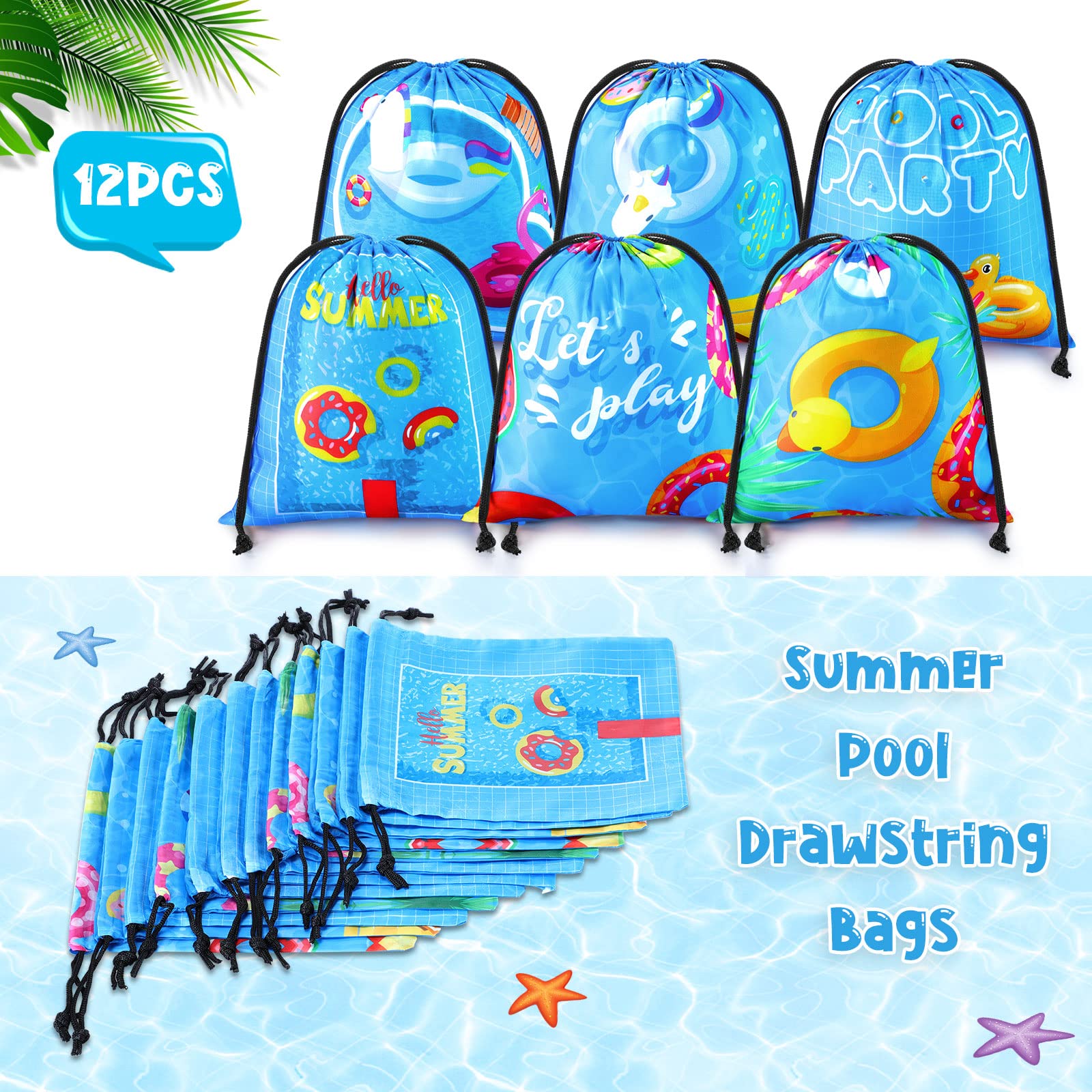 12 Pack Drawstring Beach Bags - Tropical Shark Theme Party Favors, Pool Party Supplies for Summer, Kids Goodie Bags - Perfect for Beach Outings, Poolside Gatherings & Summer Celebrations