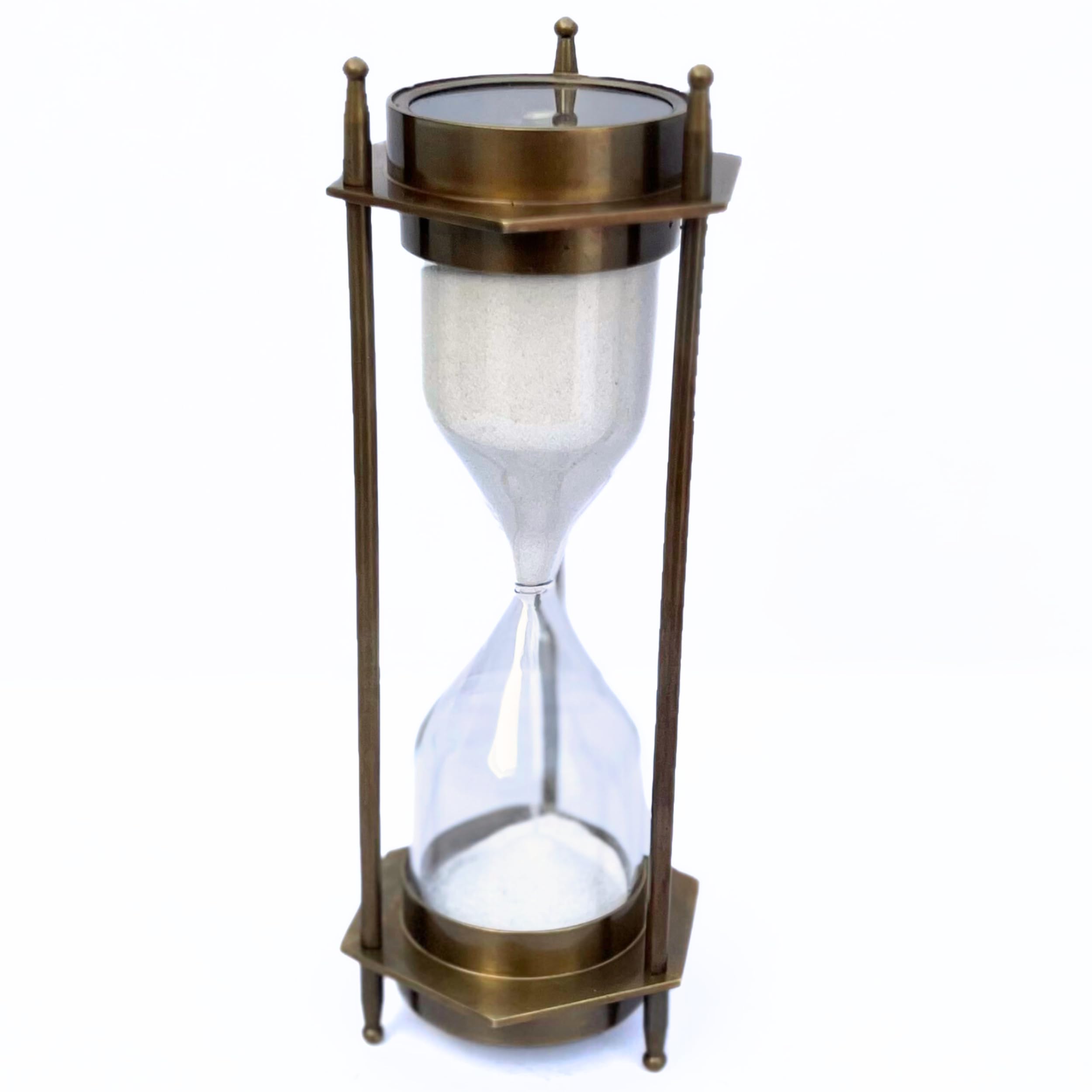 Vintage Handmade Antique Brass Hourglass with White Sand Timer & Two Compasses | Unique Tabletop Decor for Kitchen, Office & Countertop | Perfect for Home Decor, Gift Giving & Meditation Timer