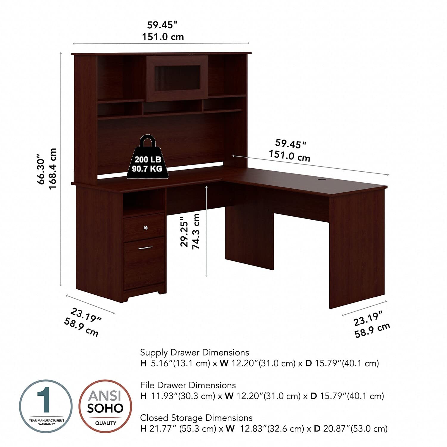Bush Furniture Cabot L-Shaped Desk with Hutch - Modern Gray Corner Computer Desk with Storage for Home Office, Study, or Gaming Room | 60W Space-Saving Design