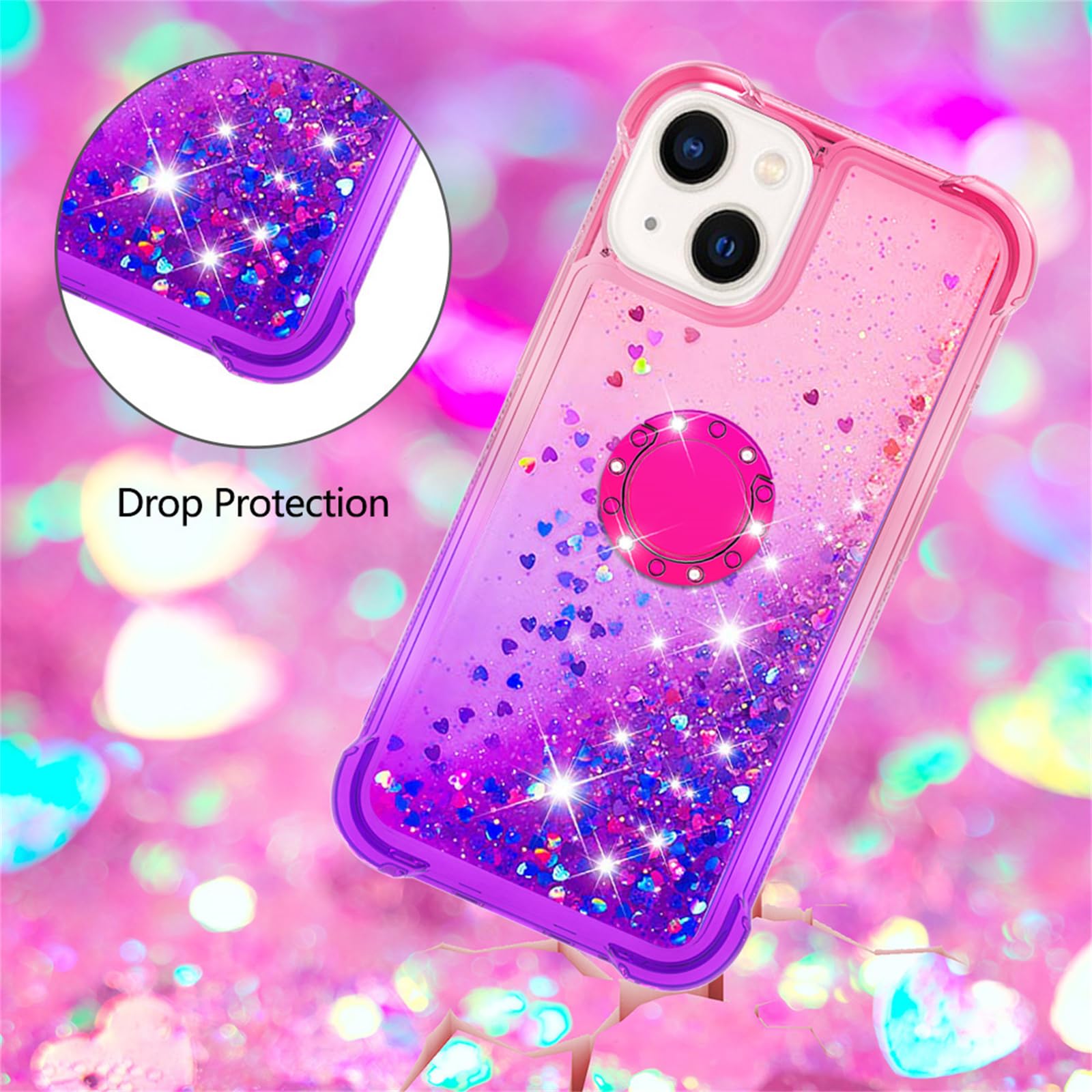 Sparkly Glitter Phone Case for Apple iPhone 15 Plus - Bling Gradient Quicksand TPU Cover with Ring Stand (Pink Purple) | Protective & Stylish Case for Women Girls | Perfect for Everyday Use, Parties & Gifting