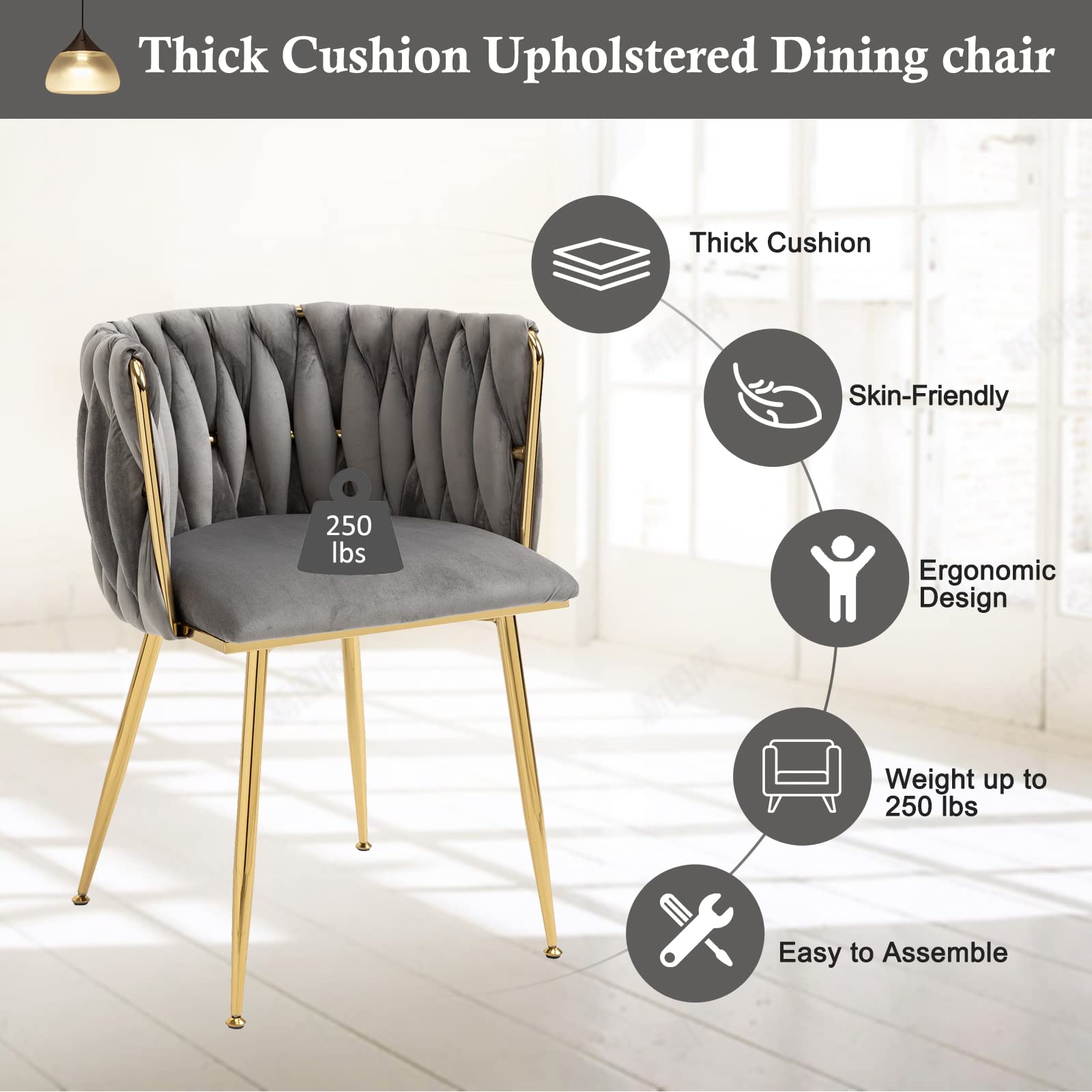 Modern Velvet Dining Chairs Set of 2 - Hand Woven Upholstered Accent Chairs with Golden Metal Legs for Living Room, Kitchen, Dining Room & Vanity - Grey Velvet Side Chairs for Home Decor & Entertaining