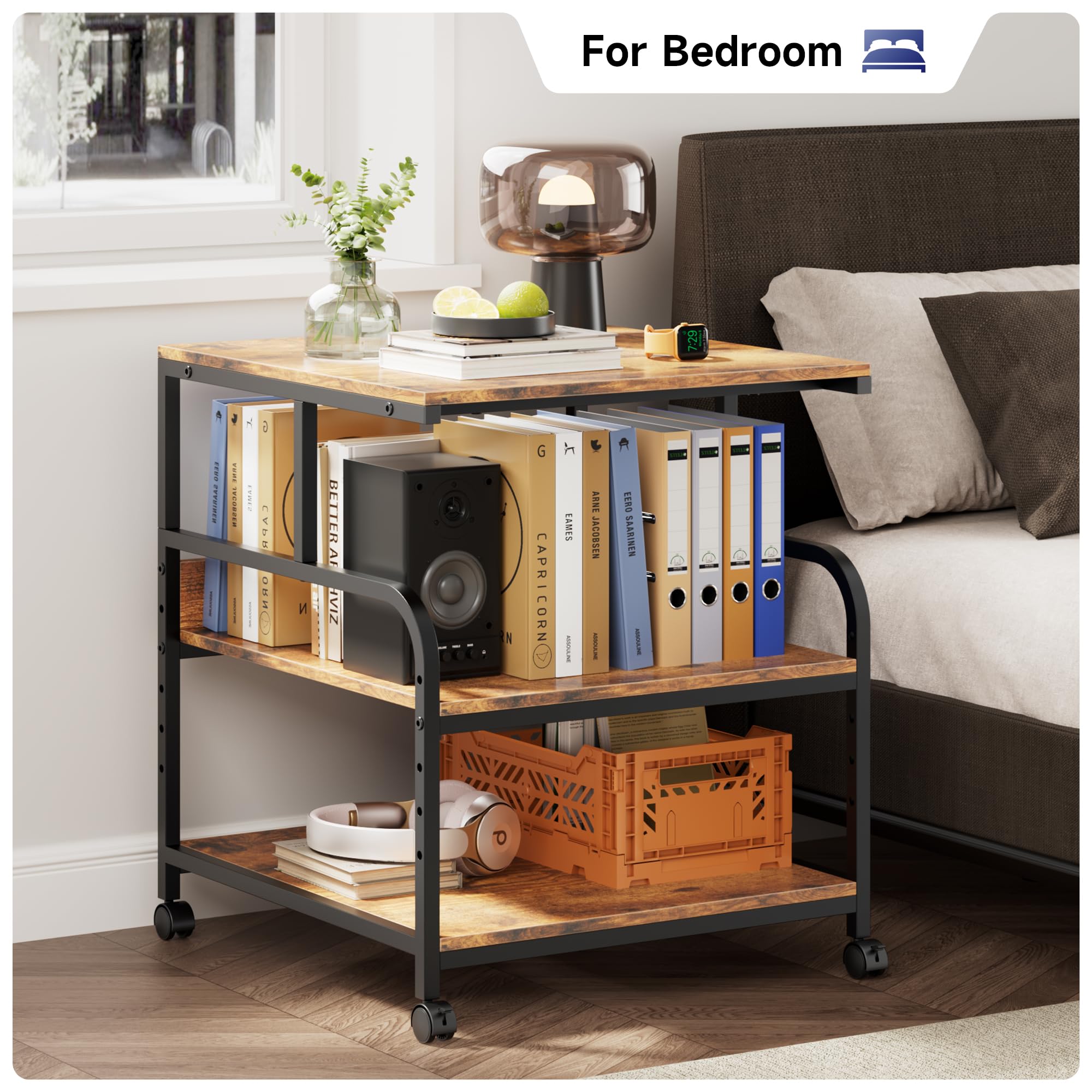 Warmiehomy 24x24 Inches Adjustable Rolling Printer Stand with 3-Tier Storage Shelf - Heavy Duty Mobile Printer Cart for 3D Printer, Laser Printer, Mini Fridge - Perfect for Home Office, Studio, or Workshop (Brown)