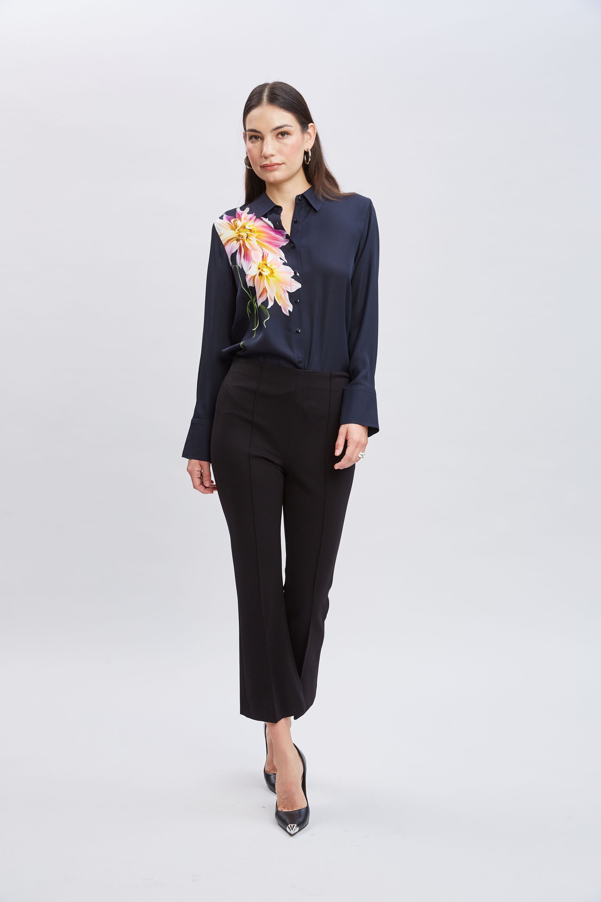 Silk Dahlia Button Down Shirt for Women - Elegant Floral Print Blouse for Office, Party & Special Occasions