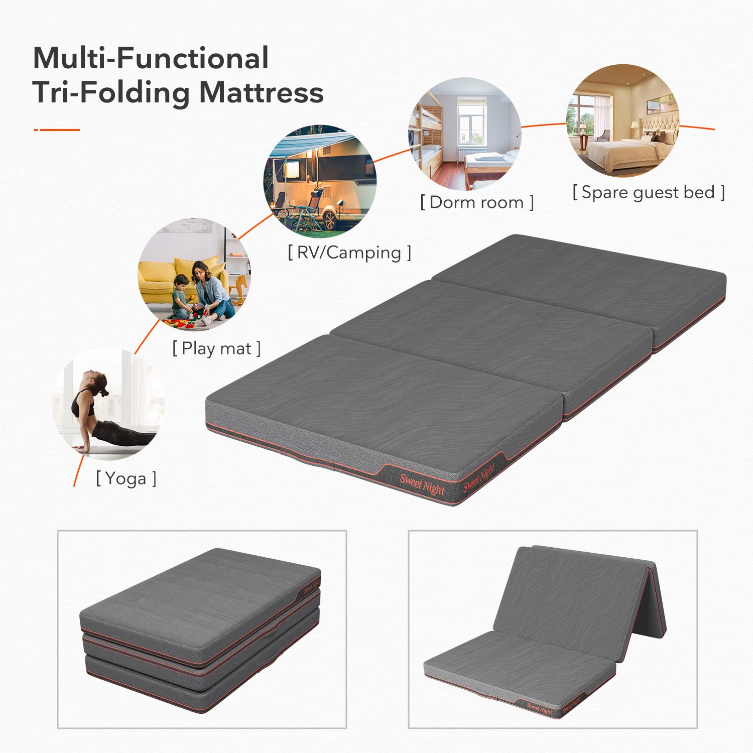 Sweetnight 4-Inch Twin XL Folding Mattress with Carry Bag - Breathable Mesh Sides, Portable & Compact for Travel, Camping, Guest Bed - Easy Storage & Space Saving Grey Mattress for Home, Dorm, RV & Outdoor Adventures