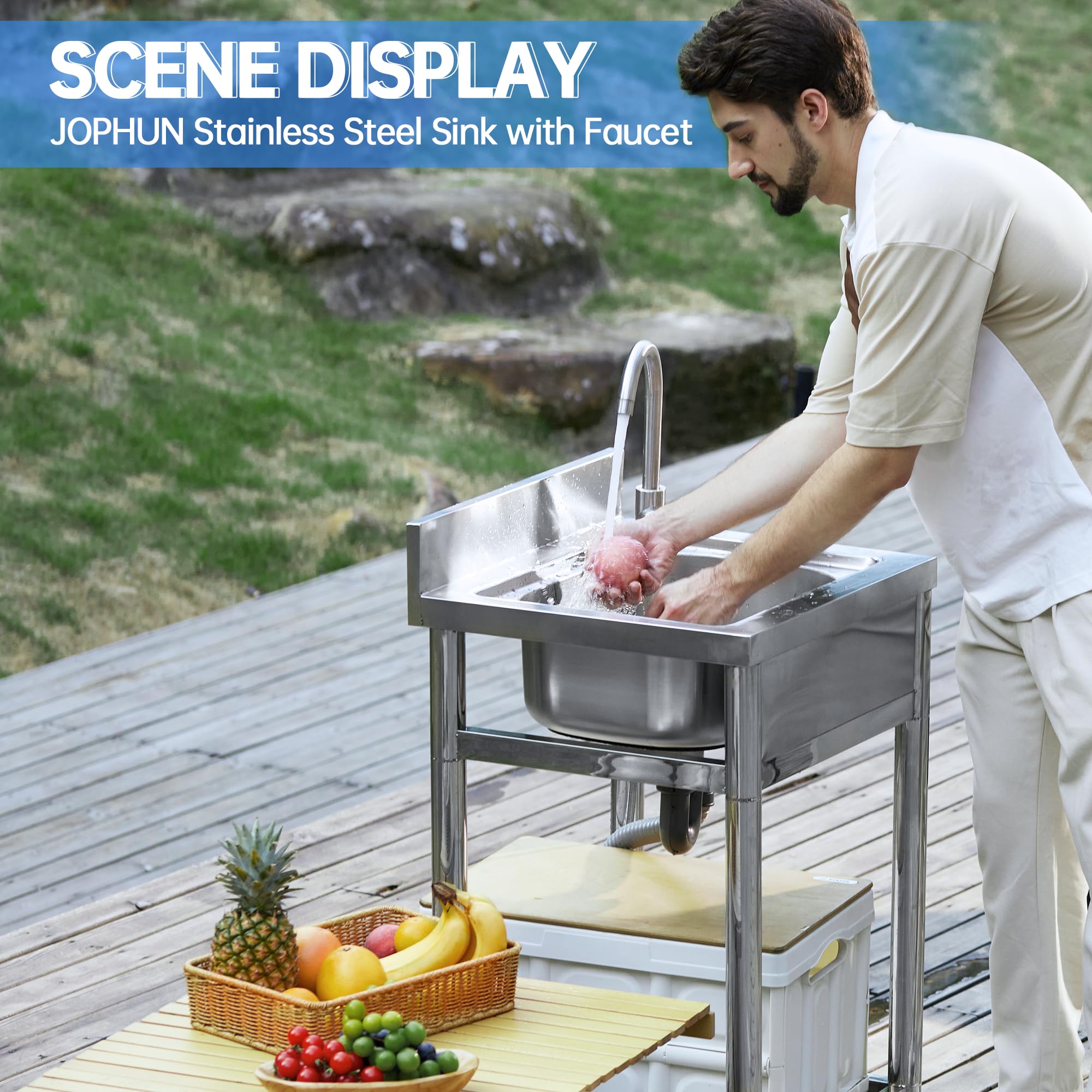 Premium Stainless Steel Kitchen Sink with Hot & Cold Water Pipes - Freestanding Single Bowl Sink with Storage Shelves (21.7 Inch) - Ideal for Home Kitchens, RV Camping & Outdoor Cooking - Perfect for Small Spaces, Tiny Homes, and Backyard BBQ Areas