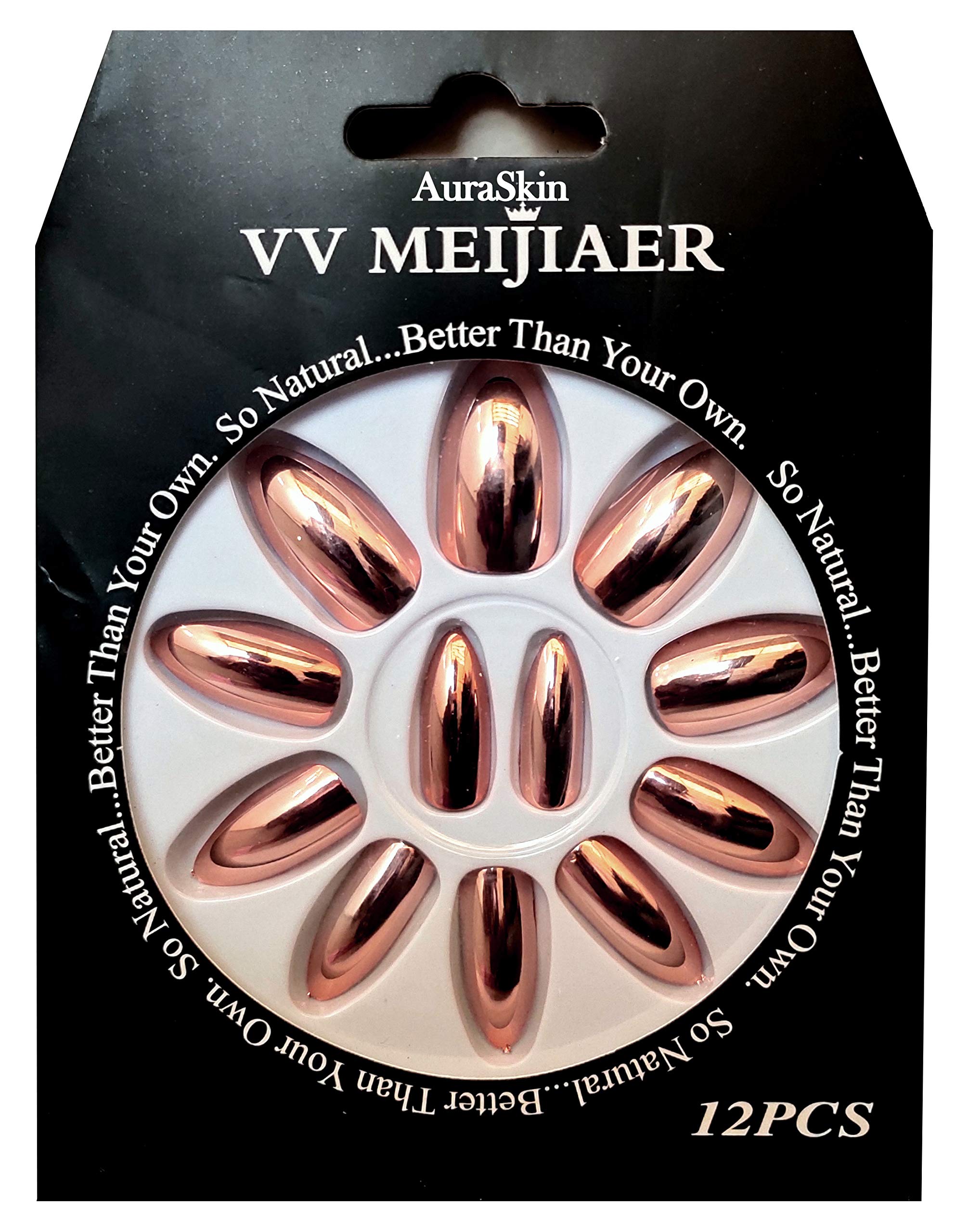 Artificial Almond Shape Bridal Fake Nails - Rose Gold Metallic Acrylic Press On Nails with Brush On Glue for Wedding, Party & Special Occasions
