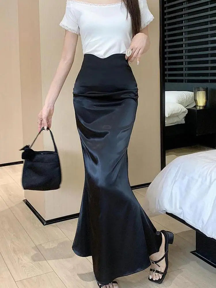 Black & Brown High Waist Pleated Fishtail Wrap Skirt for Women | Korean Style Office & Summer Elegant Skirt 2024 | Perfect for Work, Dating & Special Occasions