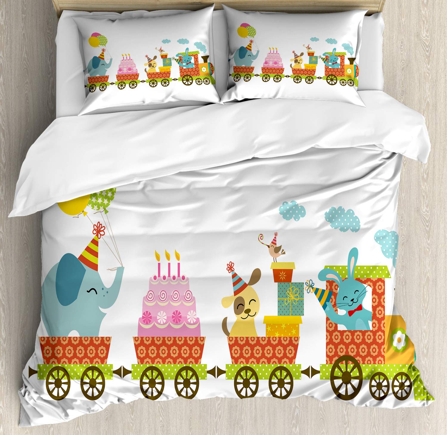 Ambesonne Birthday Party Duvet Cover Set - Happy Cartoon Cake Dessert Animals Balloons Party Train Design, 3-Piece Bedding Set with 2 Pillow Shams, California King Size, Multicolor | Perfect for Kids' Rooms, Birthday Decorations & Themed Bedrooms