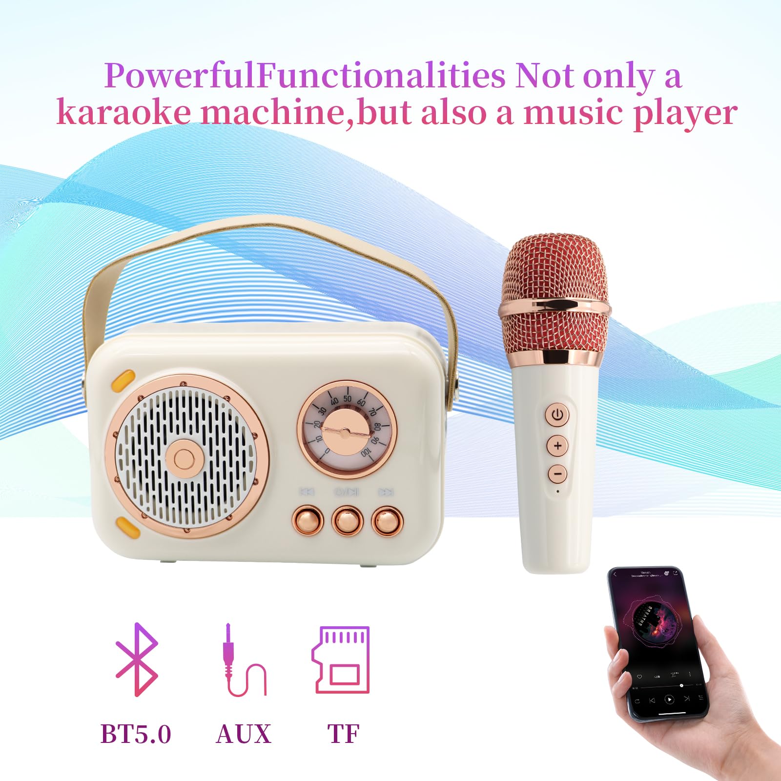 Portable Mini Karaoke Machine with 2 Wireless Microphones - Bluetooth Speaker for Adults & Kids - Perfect for Home Parties, Birthday Gifts & Family Singing Fun (White)