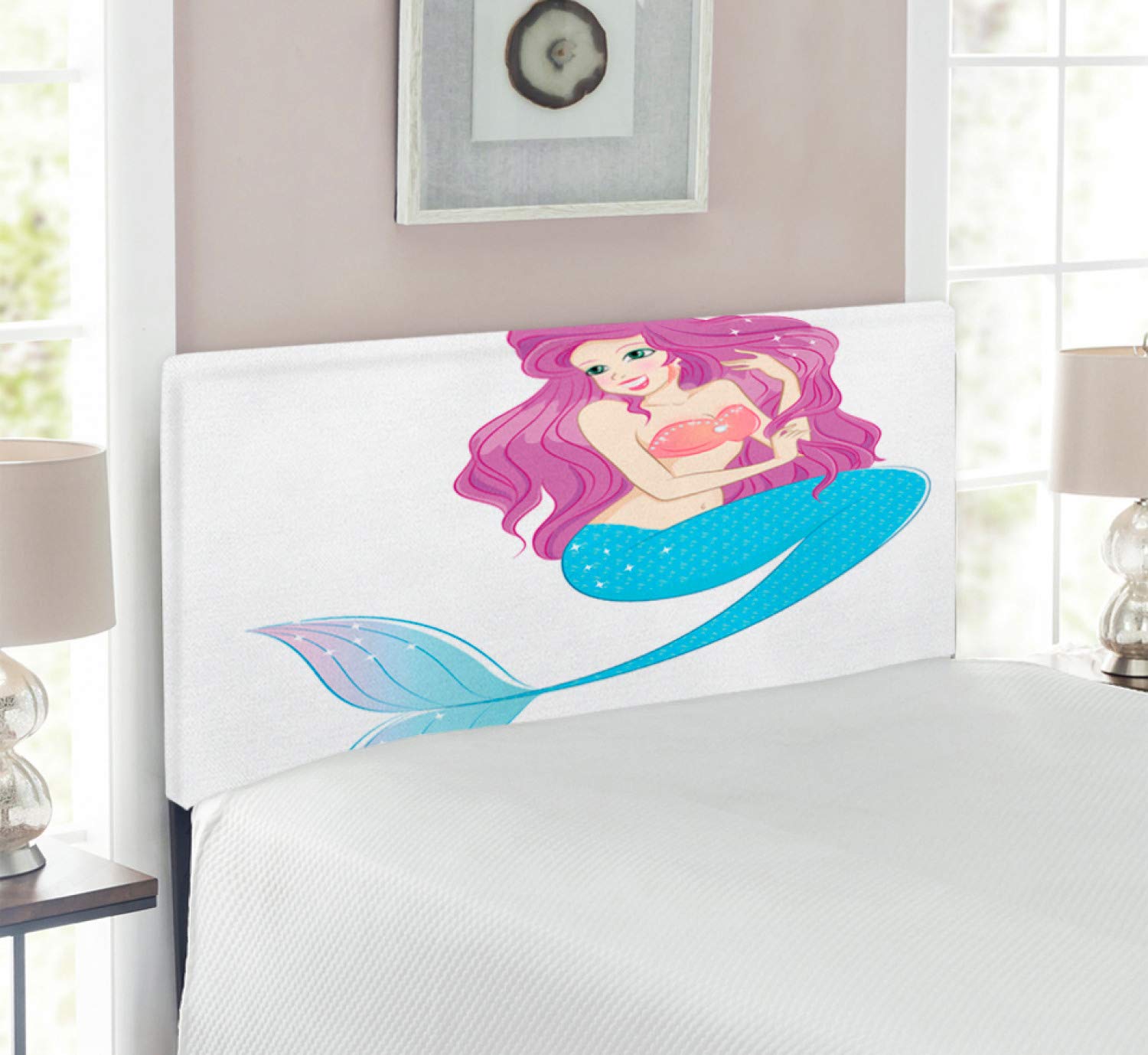 Ambesonne Twin Size Upholstered Mermaid Headboard - Folk Mythical Character Cartoon Design with Memory Foam, Turquoise Fuchsia White - Perfect for Kids' Bedroom, Fantasy Themed Decor & Coastal Style Homes