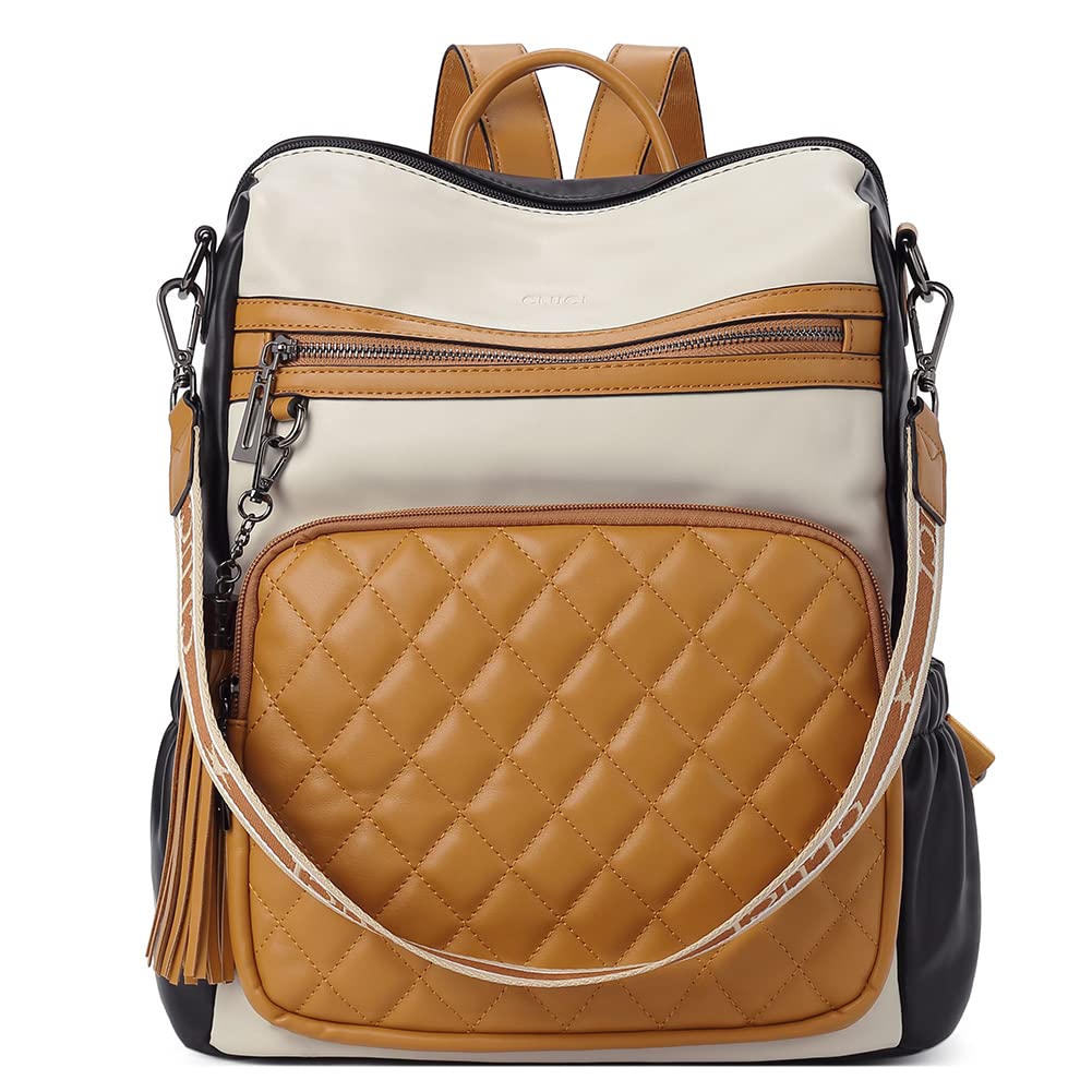 CLUCI Leather Backpack Purse for Women - Fashion Travel Shoulder Bag with Tassel (Yellow/White) for Work & Weekend