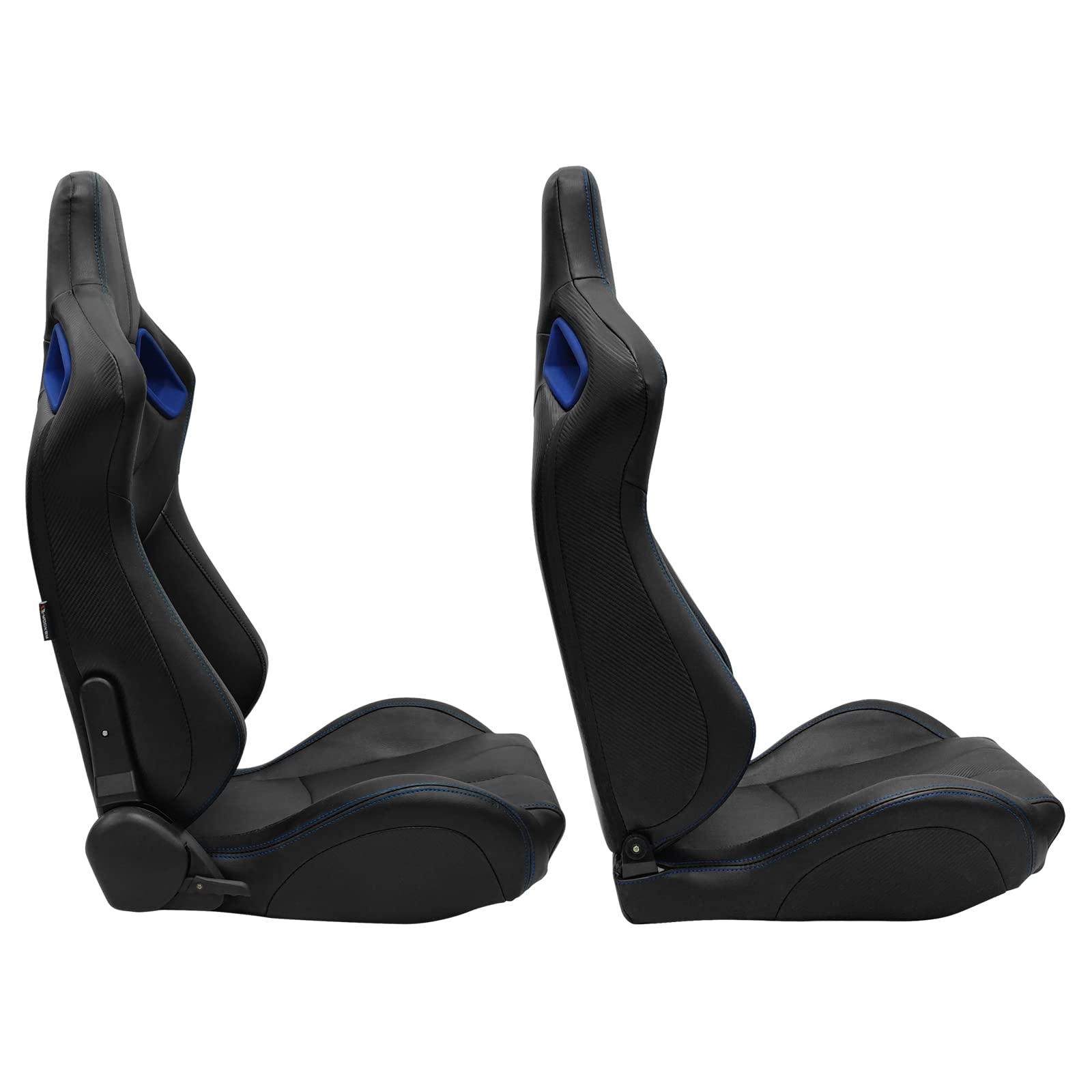 IKON MOTORSPORTS Universal Racing Seats Pair - Black with Blue Stitch & Bezel, PU Carbon Leather Reclinable Bucket Seats with Dual Sliders (Left & Right) - Perfect for Sports Cars, Drifting, Track Racing & Automotive Enthusiasts