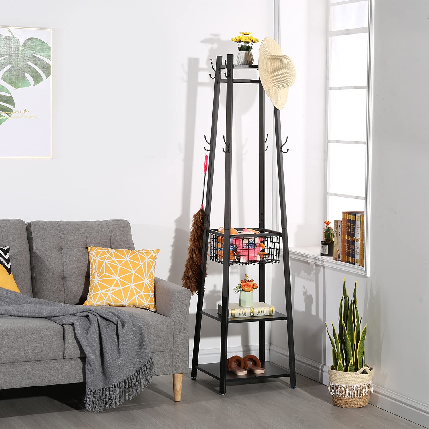 VECELO Heavy Duty Industrial Coat Rack with 2-Tier Storage Shelves & Metal Basket - 8 Dual Hooks Entryway Hall Tree for Jackets, Hats & Bags - Perfect for Mudroom, Entryway & Commercial Spaces (Black)