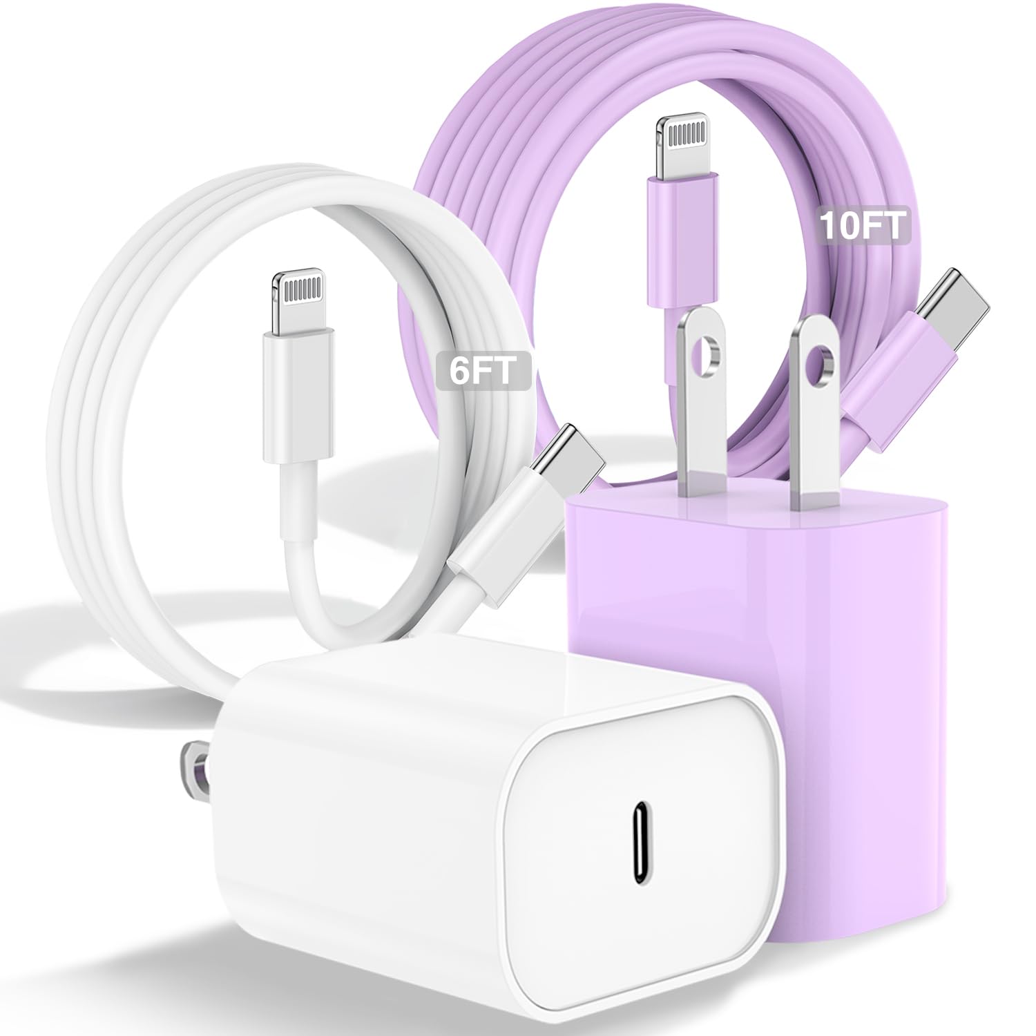 Fast Charging USB C to Lightning Cable for iPhone 14/13/12 Pro Max - 6FT & 10FT Long Apple Charger Cord with 20W USB C Power Adapter - White & Purple - Perfect for Home, Office, Travel and Car Charging