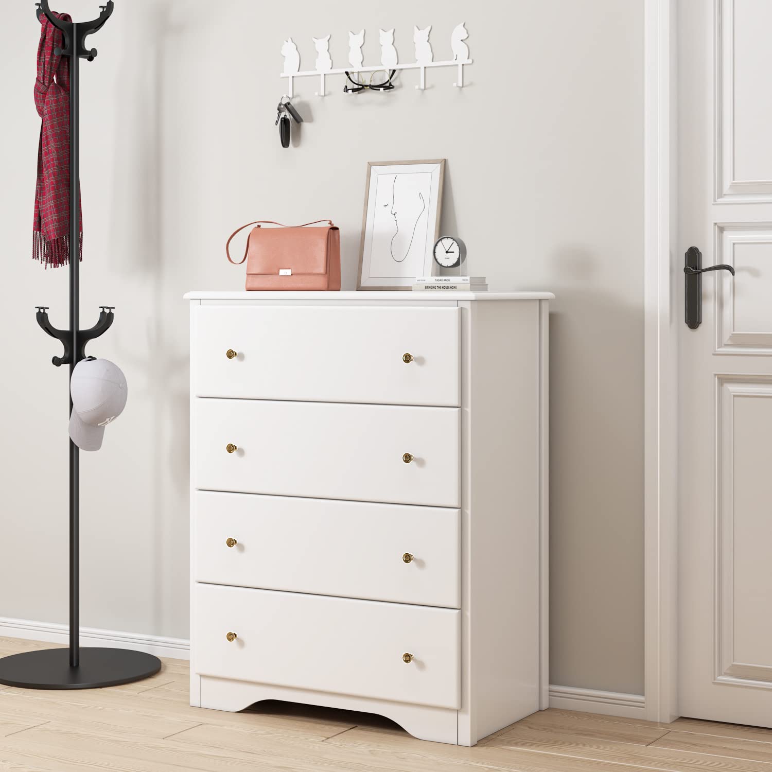 HOUSUIT White Dresser with 4 Drawers - Modern Tall Wooden Chest Storage Cabinet for Bedroom, Living Room, Hallway & Home Office - Ivory White Dresser Organizer for Clothes, Accessories & Home Decor