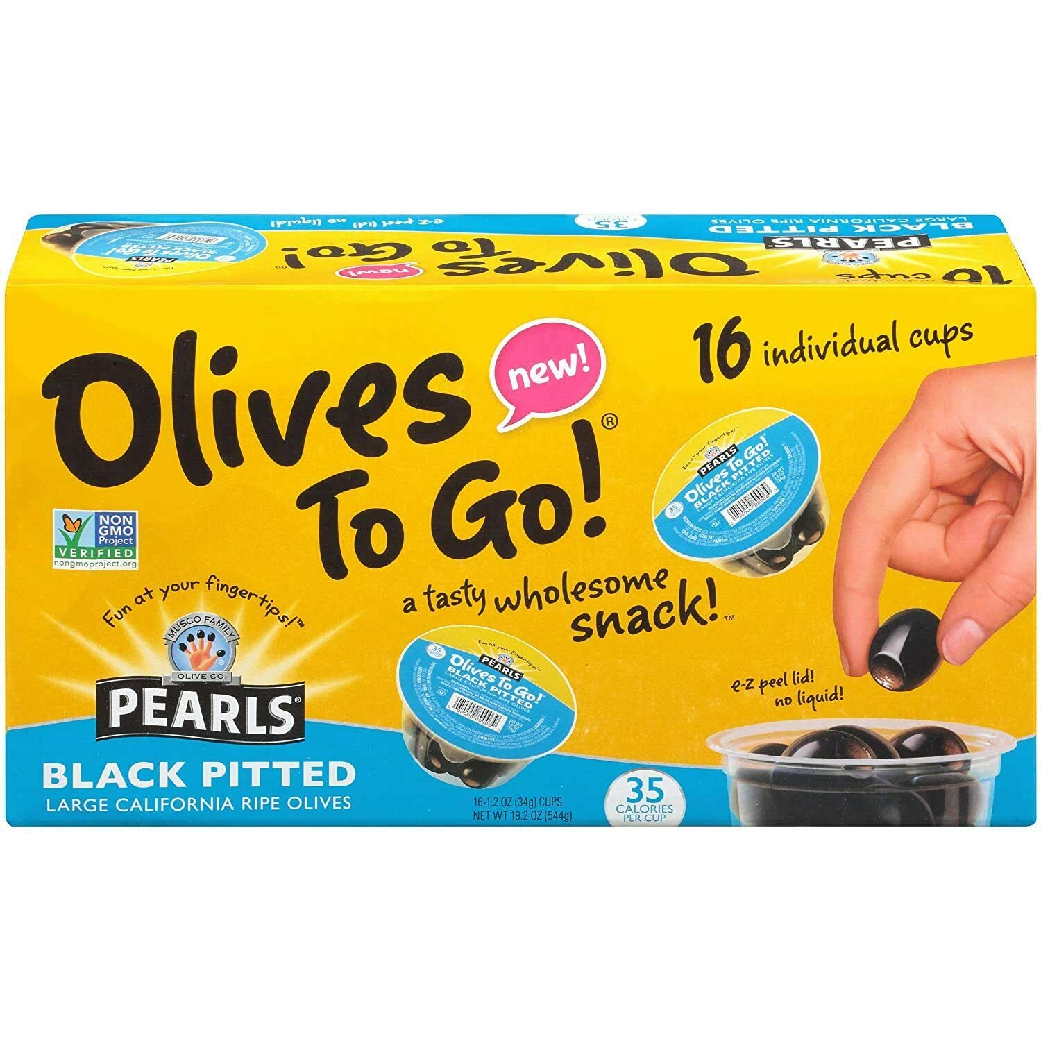 PEARLS Olives to Go! 1.2 oz. Large Ripe Pitted Black Olives, 16-Cups - Perfect for Salads, Pizzas, Charcuterie Boards & Snacking On The Go