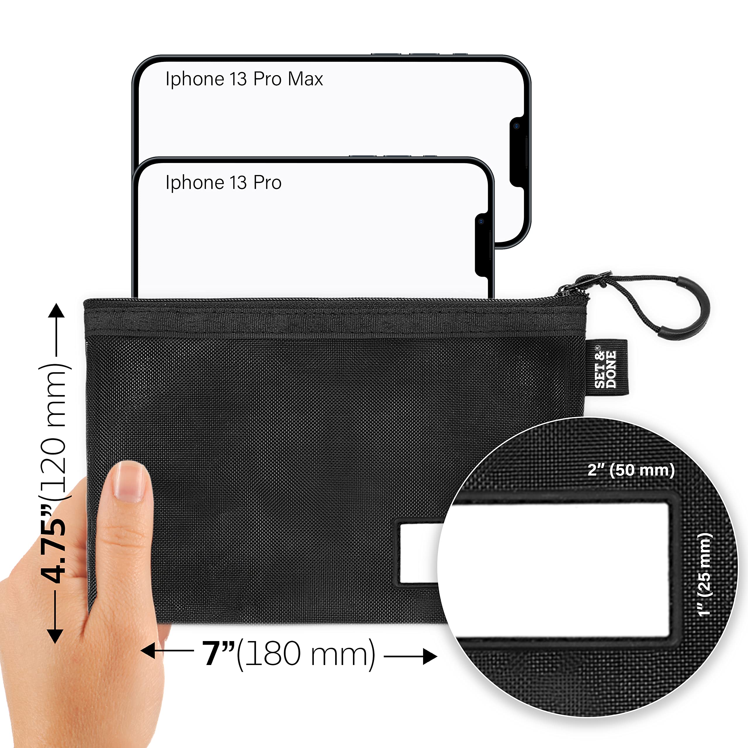 SET & DONE - 6-Pack Mesh Zipper Pouch Organizer with Waterproof Marker - Travel Storage Bags for Masks, Pens, Cosmetics, Cables & Toiletries - Washable & Reusable (Black) - Perfect for Travel, Office & School Organization