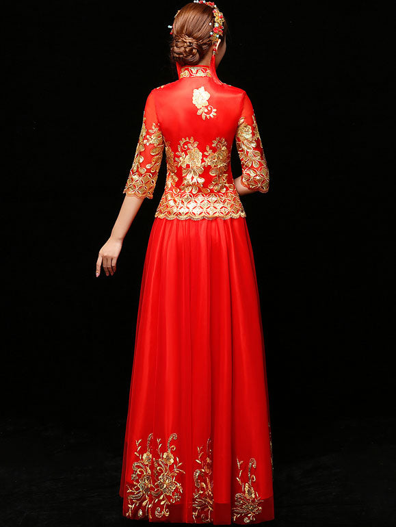 Elegant Half Sleeve Blouse & Flowy Maxi Skirt Wedding Dress Set - Traditional Chinese Qun Kwa Bridal Outfit for Ceremonies, Photos & Reception Events