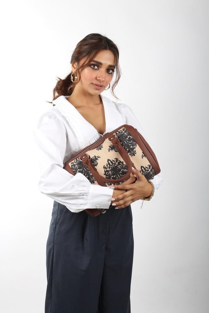ZOUK Vegan Leather Handmade Women's Handbag - Printed Designer Purse with Double Handles & Detachable Crossbody Strap for Work, Travel & Everyday Use