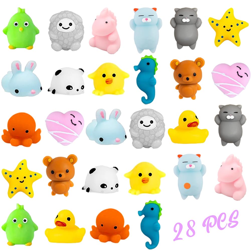 28 Pack Mochi Squishy Toys - Cute Kawaii Animal Stress Relief Squishies for Kids, Classroom Rewards, Easter Party Favors & Birthday Gifts - Perfect for Sensory Play, Anxiety Relief and Fun Collectibles