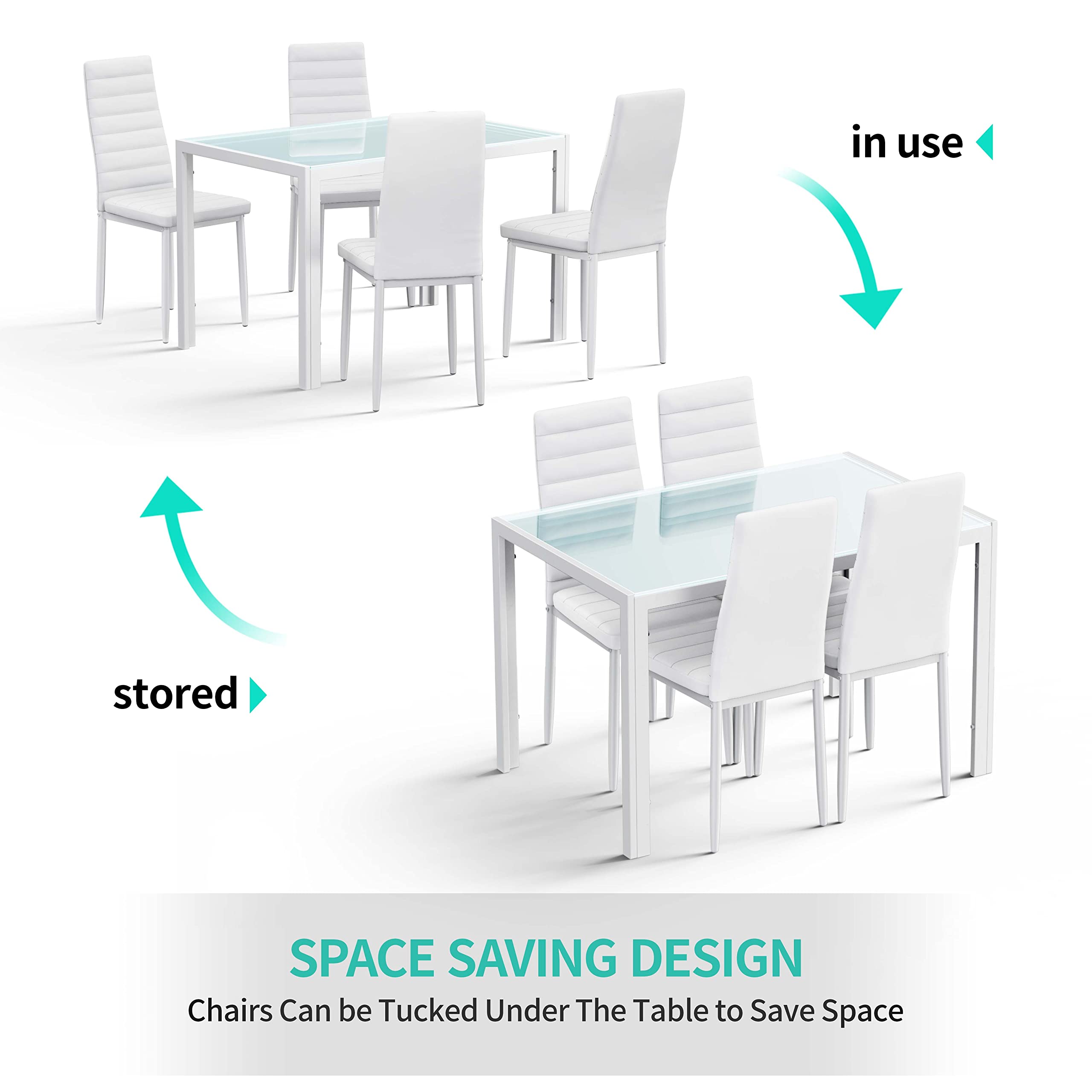 Gizoon 5-Piece Modern Glass Dining Table Set with PU Leather Chairs for 4, Perfect for Kitchen, Living Room, and Small Space Dining