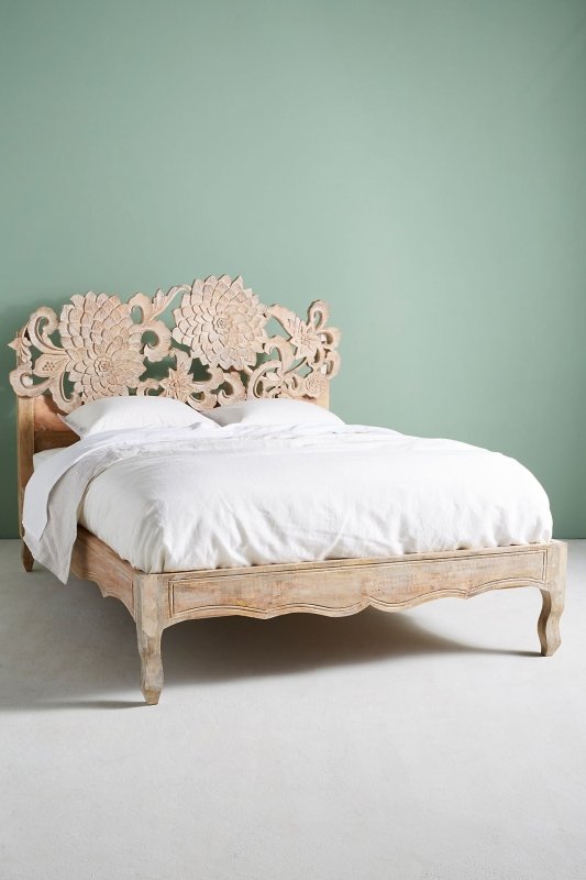 Hand Carved Solid Wood Lotus Platform Bed with Headboard - Handmade Indian Wooden Bed Frame for Master Bedroom & Guest Room Decor